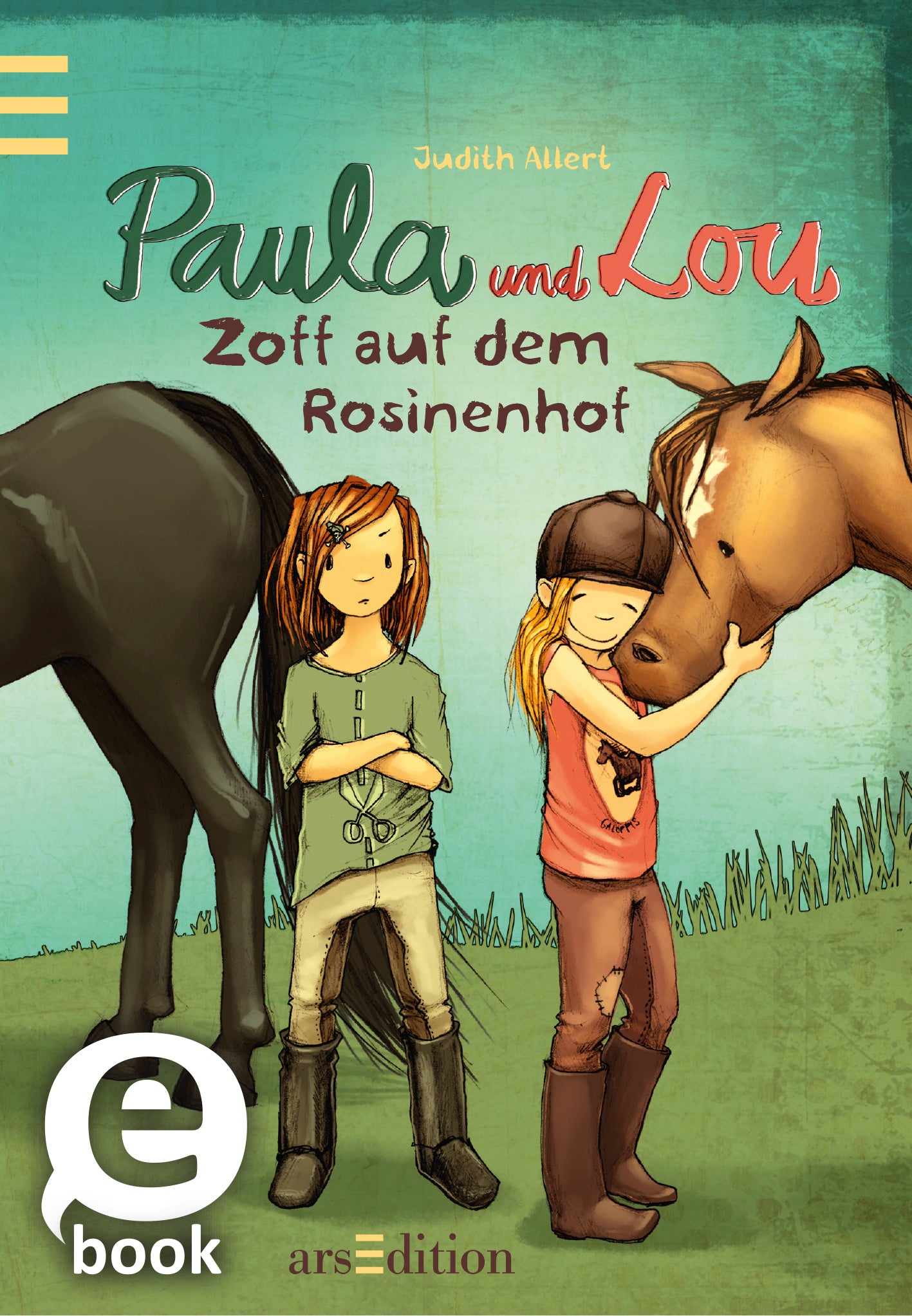 Das Buchcover zeigt zwei Mädchen. Das linke Mädchen hat lange, braune Haare und trägt ein grünes Oberteil sowie schwarze Reitstiefel. Das rechte Mädchen hat blondes Haar, trägt ein rotes T-Shirt und ebenfalls Reitstiefel. Neben den Mädchen sind zwei Pferde zu sehen. Die Farben sind sanft und einladend. Der Titel „Paula und Lou“ steht in einer verspielten Schrift mittig. Darüber der Name der Autorin Judith Allert. Ganz unten mittig steht der Logoschriftzug von arsEdition.