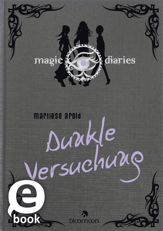Das Buchcover von „Dunkle Versuchung“ von Marliese Arold zeigt einen grauen Hintergrund mit einer stilisierten, zentralen Silhouette, die von einem magischen Symbol umgeben ist. Um das Symbol stehen drei in Schwarz gehaltene Figuren, die eine geheimnisvolle Atmosphäre erzeugen. Der Titel „Dunkle Versuchung“ ist in lila geschwungener Schrift platziert, während der Untertitel und der Autor in schlichterer Typografie in Schwarz gehalten sind. Oben links befindet sich der Schriftzug...