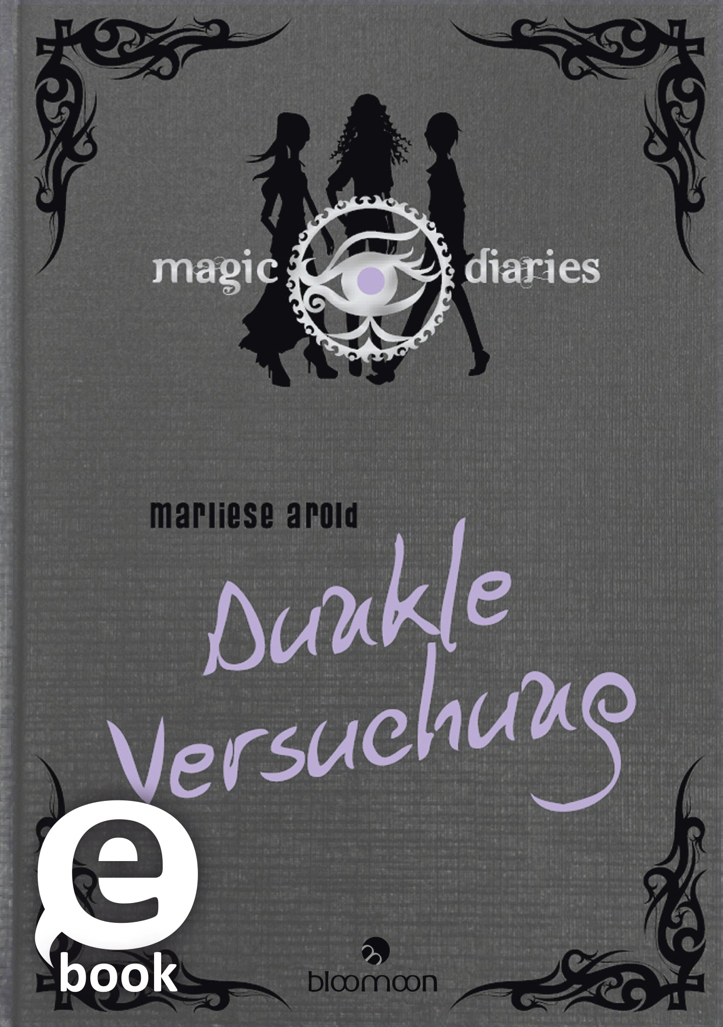 Das Buchcover von „Dunkle Versuchung“ von Marliese Arold zeigt einen grauen Hintergrund mit einer stilisierten, zentralen Silhouette, die von einem magischen Symbol umgeben ist. Um das Symbol stehen drei in Schwarz gehaltene Figuren, die eine geheimnisvolle Atmosphäre erzeugen. Der Titel „Dunkle Versuchung“ ist in lila geschwungener Schrift platziert, während der Untertitel und der Autor in schlichterer Typografie in Schwarz gehalten sind. Oben links befindet sich der Schriftzug...