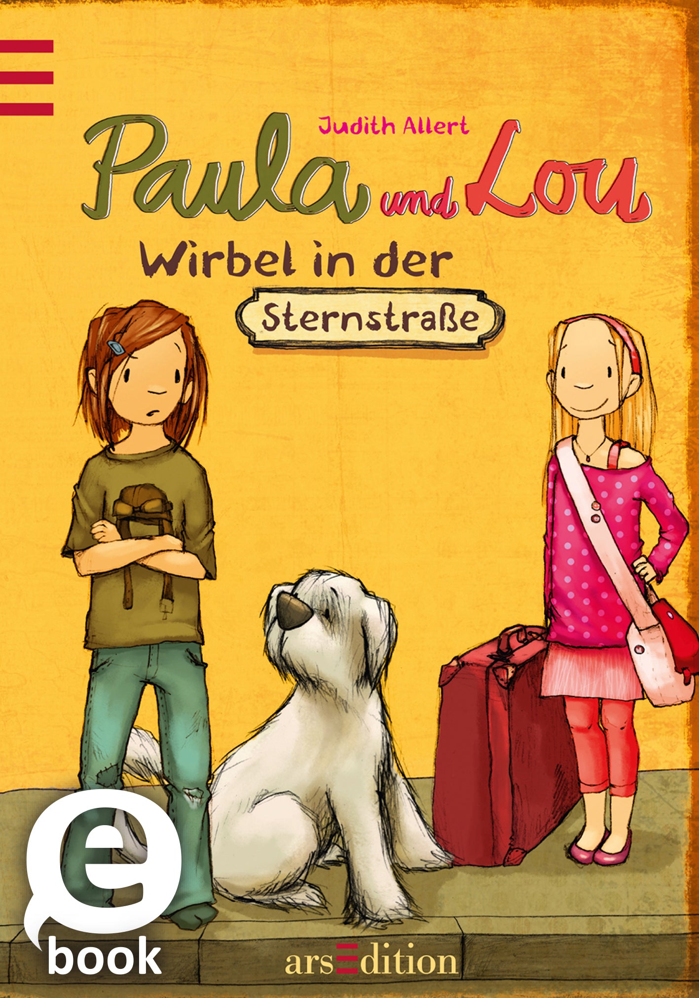 Das Cover zeigt zwei Mädchen, Paula und Lou, mit bunten Outfits. Paula hat schulterlange, braune Haare und trägt ein grünes T-Shirt, während Lou lange blonde Haare hat und eine pinke Jacke trägt. Sie stehen nebeneinander, dazu ein großer, weißer Hund. Der Hintergrund ist in sanften Gelbtönen gehalten. Oben steht der Name der Autorin, „Judith Allert“. In der Mitte wird der Titel „Paula und Lou: Wirbel in der Sternstraße“ in verspielter Schrift dargestellt. Ganz unten mittig...