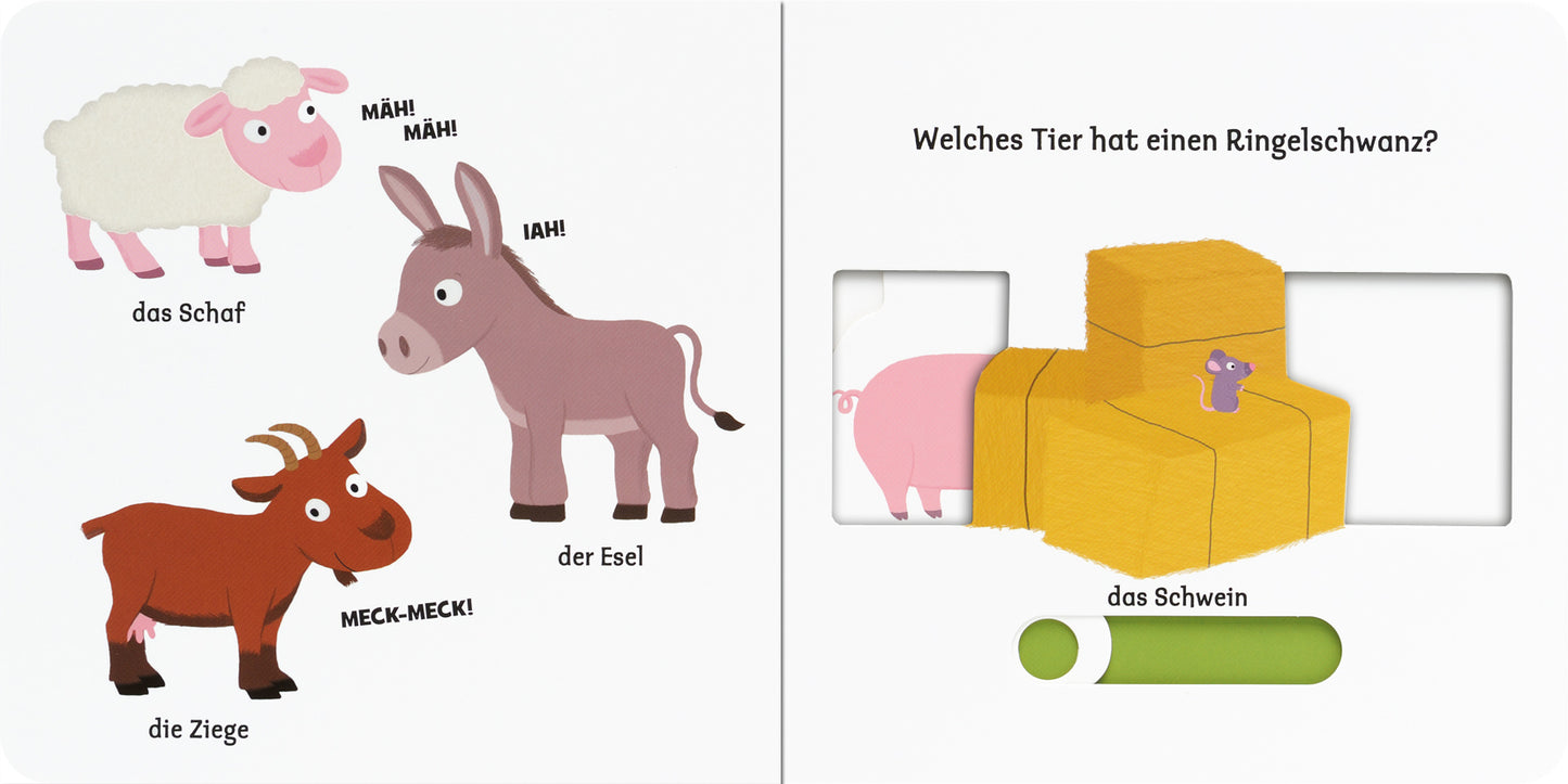 Gezeigt wird eine Innen- oder Zusatzansicht von „Mein erstes Buch vom Bauernhof“. Die Seite zeigt drei bunte, cartoonartige Tiere: ein weißes Schaf, einen grauen Esel und eine braune Ziege, jeweils mit passenden Lautäußerungen. Auf der rechten Seite befindet sich eine Frage „Welches Tier hat einen Ringelschwanz?“ über einer Illustration von gelben Blöcken und einem pinken Schwein. Die Schrift ist klar und groß, die Farben sind lebhaft und ansprechend für Kinder.