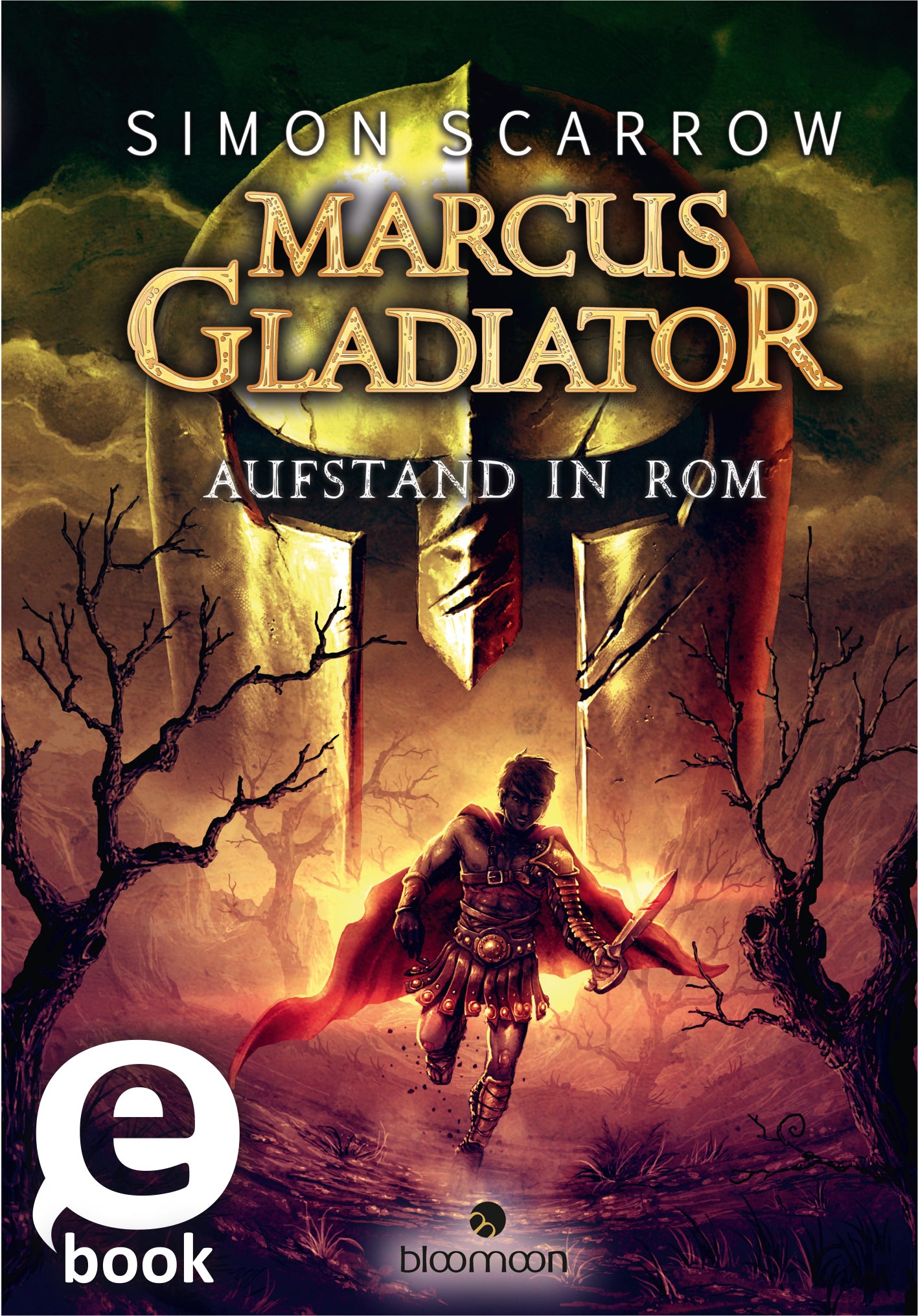 Das Buchcover zeigt einen Gladiator in einer heroischen Pose, der eine rote Tunika trägt und mit einem Schwert ausgestattet ist. Im Hintergrund ist ein markantes, goldglänzendes Schwert und eine große, runde Schildform, die eine kämpferische Atmosphäre erzeugen. Der Titel „MARCUS GLADIATOR“ ist groß und in fesselnder, goldener Schrift, während der Untertitel „Aufstand in Rom“ ebenfalls gut lesbar platziert ist. Am unteren linken Rand befindet sich ein weißer Button mit dem Text...