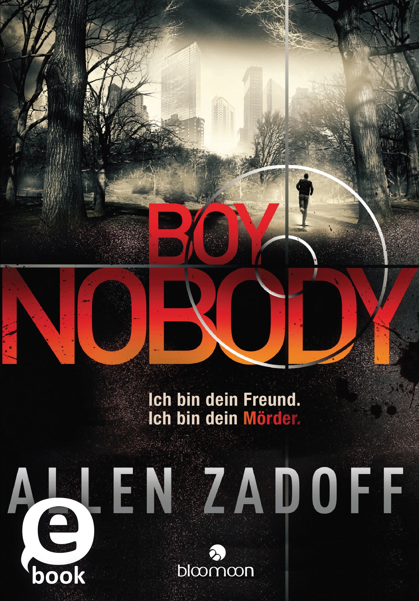Auf dem Buchcover „Boy Nobody“ von Allen Zadoff dominieren dunkle Farben und ein urbanes, geheimnisvolles Stadtbild, das im Hintergrund sichtbar ist. In der Mitte steht der Titel „BOY NOBODY“ in großen, auffälligen Buchstaben, wobei „BOY“ in leuchtendem Orange und „NOBODY“ in einem tiefen Rot gestaltet ist. Darunter befindet sich der prägnante Satz „Ich bin dein Freund. Ich bin dein Mörder.“ in hellem Weiß. Ganz unten mittig steht der Logoschriftzug von arsEdition.