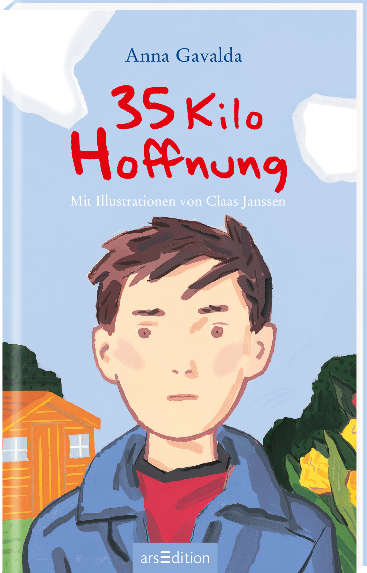 Das Buchcover von „35 Kilo Hoffnung“ zeigt einen schelmisch blickenden Jungen mit Kurzhaarfrisur und einem neutralen Ausdruck. Der Hintergrund ist in sanften Blau- und Grüntönen gehalten, während im Vordergrund ein orangefarbenes Gartenhaus zu sehen ist. Der Titel „35 Kilo Hoffnung“ ist in dynamischer roter Schrift platziert, und darunter steht „Mit Illustrationen von Claas Janssen“. Oben rechts ist ein SPIEGEL-Bestseller-Button sichtbar mit dem Text „SPIEGEL-Bestseller“....