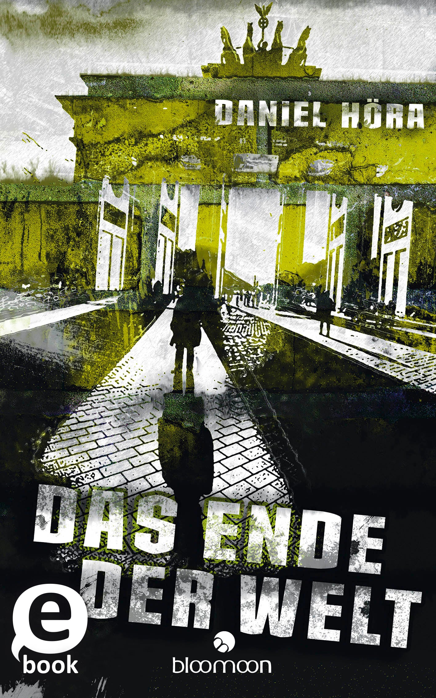 Das Buchcover zeigt eine düstere, melancholische Szenerie mit dem Brandenburger Tor im Hintergrund. Die dominante Farbgebung in verschiedenen Grün- und Grautönen vermittelt eine Atmosphäre von Unruhe und Spannung. Im Vordergrund ist eine einsame Figur sichtbar, die einen schmalen, gepflasterten Weg entlanggeht. Der Titel „Das Ende der Welt“ ist in markanter weißer Schrift platziert, während der Autor „Daniel Höra“ oberhalb in gelber Schrift steht. Ganz unten mittig steht der...