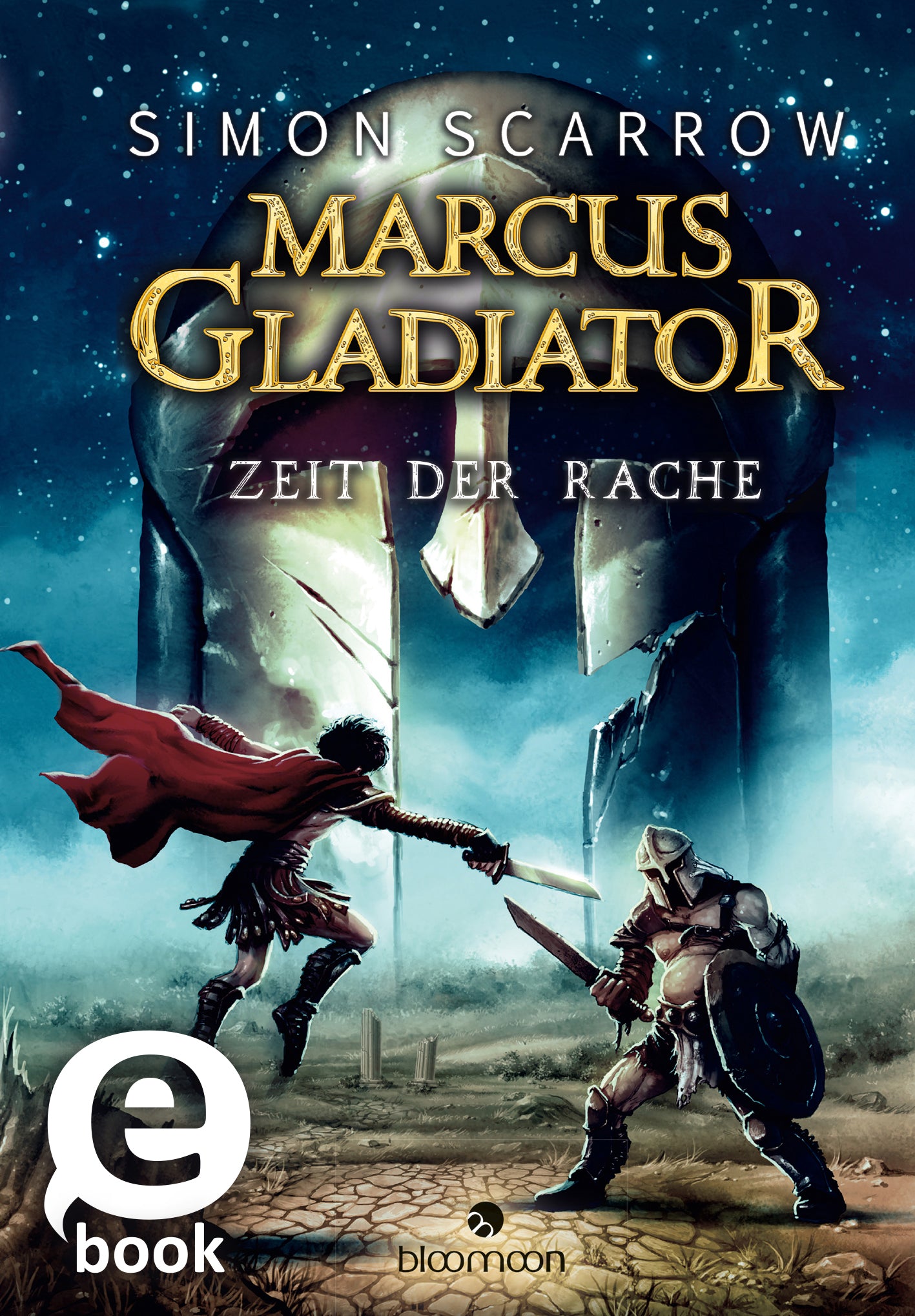 Das Buchcover zeigt eine dramatische Szenenansicht mit einem großen, schimmernden Gladiatorenhelm im Hintergrund, der in den kühlen Farben Blau und Grau gehalten ist. Im Vordergrund stehen zwei Gladiatoren in kämpferischer Pose, einer mit rotem Umhang. Der Titel „MARCUS GLADIATOR – ZEIT DER RACHE“ erscheint in goldener, geschwunger Typografie. Oben links ist der Name des Autors, Simon Scarrow, platziert. Ein SPIEGEL-Bestseller-Button ist ebenfalls vorhanden. Ganz unten mittig steht der...