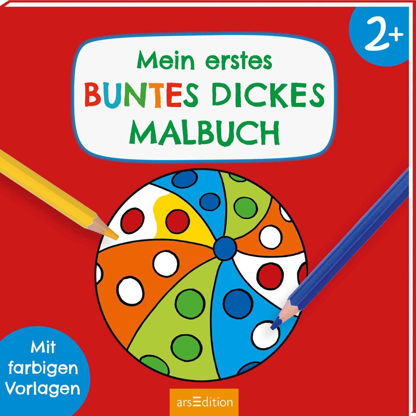 Zu sehen ist die 3D-Ansicht des Titels. Das Cover zeigt einen knallroten Hintergrund mit einem bunten, kreisförmigen Ball, der durch große, farbige Punkte in Blau, Gelb, Rot und Grün auffällt. Oben links befinden sich Farb- und Bleistifte, und der Titel „Mein erstes buntes dickes Malbuch“ ist in freundlicher, verspielter Schrift mittig platziert. In der oberen rechten Ecke steht „ab 2“ auf einem grünen Banner, während unten ein grüner Sticker mit dem Text „mit farbigen...