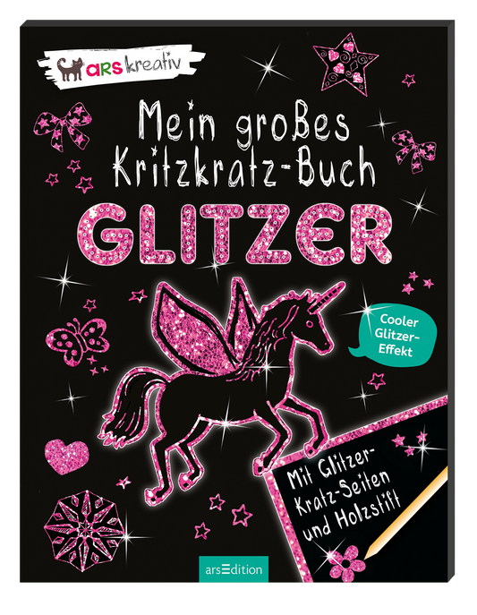 Das 3D-Cover zeigt einen schwarzen Hintergrund, auf dem ein glitzerndes, pinkes Einhorn abgebildet ist. Der Titel „Mein großes Kritzkraz-Buch“ ist in großen, weißen und pinken Buchstaben oben platziert. Verschiedene glitzernde Sterne und Ornamente umrahmen das Motiv. Eine blaue Sprechblase verkündet: „Cooler Glitzer-Effekt“. Ganz unten mittig steht der Logoschriftzug von arsEdition. Unten rechts steht „Mit Glitzer-Kratz-Seiten und Holzstift“.