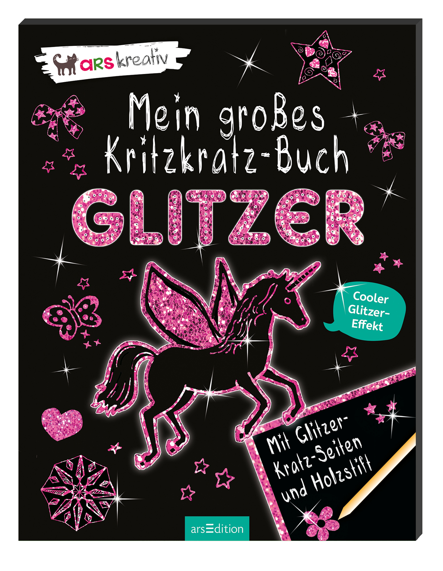 Das 3D-Cover zeigt einen schwarzen Hintergrund, auf dem ein glitzerndes, pinkes Einhorn abgebildet ist. Der Titel „Mein großes Kritzkraz-Buch“ ist in großen, weißen und pinken Buchstaben oben platziert. Verschiedene glitzernde Sterne und Ornamente umrahmen das Motiv. Eine blaue Sprechblase verkündet: „Cooler Glitzer-Effekt“. Ganz unten mittig steht der Logoschriftzug von arsEdition. Unten rechts steht „Mit Glitzer-Kratz-Seiten und Holzstift“.