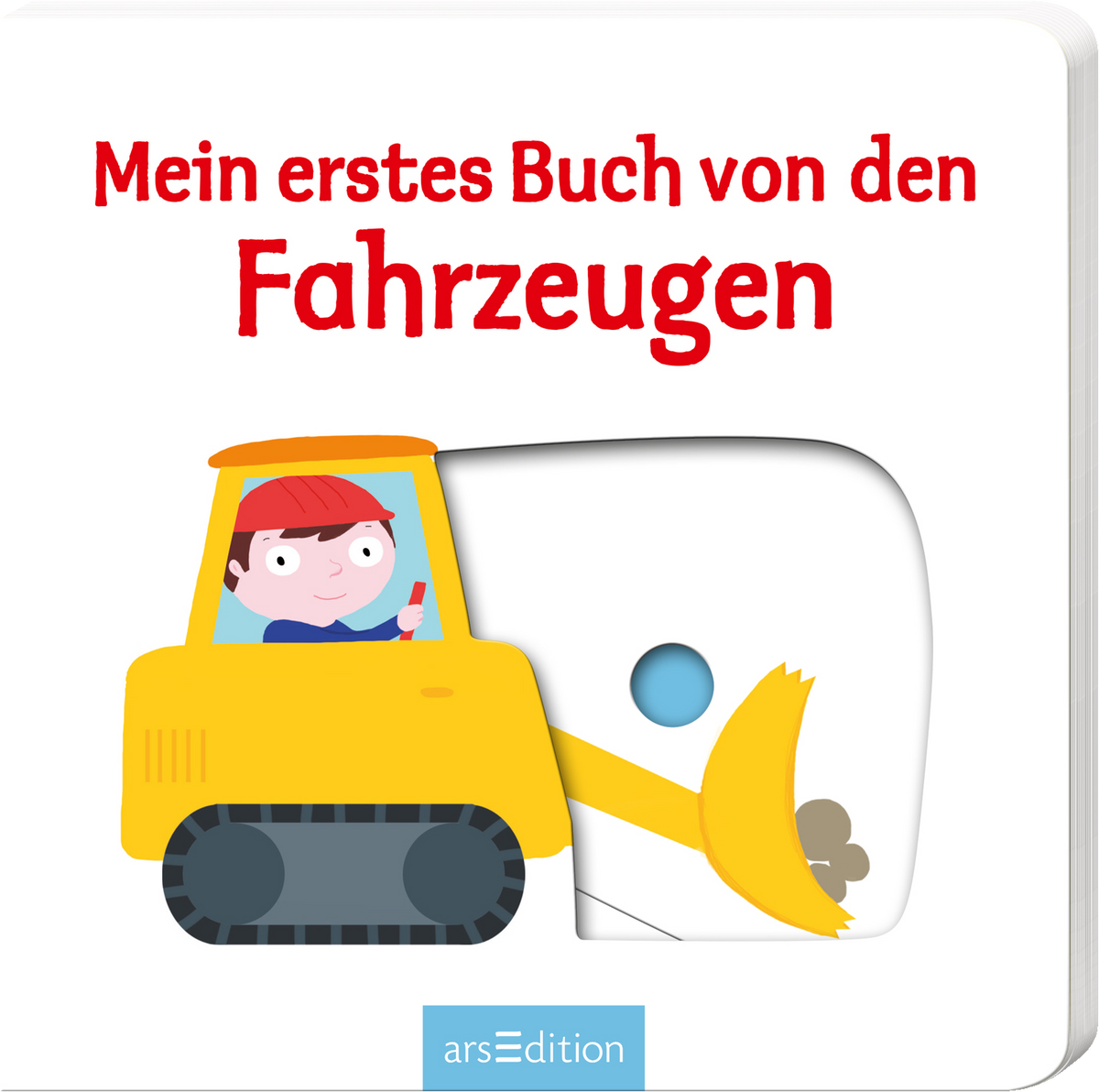 Das Cover zeigt einen gelben Bagger, auf dem ein fröhlicher Junge mit roter Mütze sitzt und mit dem Handy spielt. Über dem Fahrzeug steht in großen roten Buchstaben der Titel „Mein erstes Buch von den Fahrzeugen“. Der Hintergrund ist schlicht und hell, um die Elemente hervorzuheben. Die Gestaltung vermittelt eine kindgerechte, fröhliche Atmosphäre. Ganz unten mittig steht der Logoschriftzug von arsEdition.