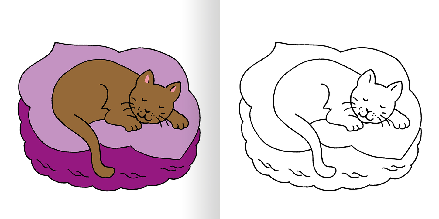 Gezeigt wird eine Innen- oder Zusatzansicht von „Mein erstes dickes Malbuch ab 2 – Bunte Tierwelt“. Auf der linken Seite liegt eine braune Katze, die friedlich auf einem lila Kissen schläft. Die Farben sind lebhaft und warm, die Katze hat einen süßen, entspannten Gesichtsausdruck. Auf der rechten Seite befindet sich die gleiche Katze in einer Ausmalversion, nur in Schwarz-Weiß, sodass Kinder sie selbst gestalten können. Die Typografie ist kindgerecht und klar lesbar.