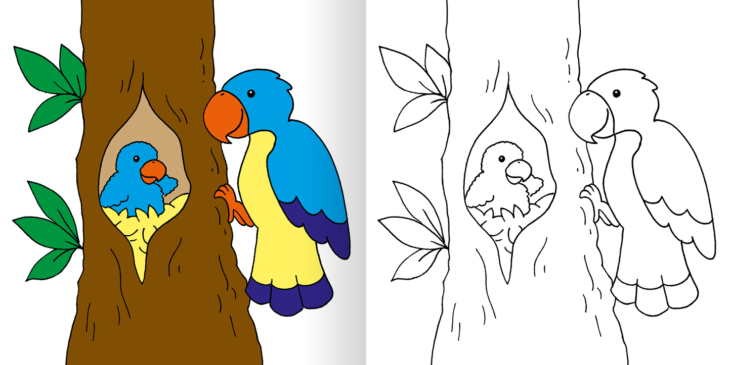 Gezeigt wird eine Innen- oder Zusatzansicht von „Mein erstes dickes Malbuch ab 2 – Bunte Tierwelt“. Die Seite zeigt auf der linken Seite einen bunten, stilisierten Ara mit leuchtend blauen und gelben Farben, der in einem Baum sitzt, und auf der rechten Seite eine schwarz-weiß Zeichnung desselben Motivs zum Ausmalen. Der Baum ist braun, umgeben von grünen Blättern, und die Typografie ist freundlich und kindgerecht gestaltet.