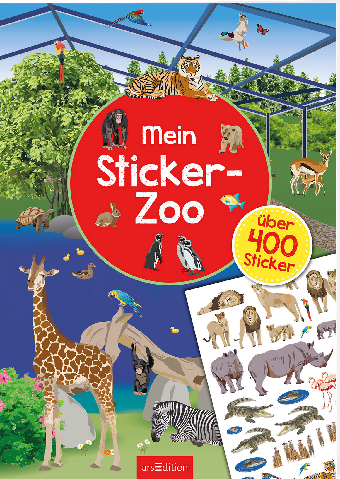 Das Buchcover zeigt einen bunten, lebhaften Zoo mit verschiedenen Tieren wie Giraffen, Tigern und Pinguinen, die in einer naturnahen Umgebung angeordnet sind. Im Vordergrund befindet sich ein großer roter Kreis mit dem Titel „Mein Sticker-Zoo“ in auffälliger, weißer Schrift. Über dem Titel ist der Hinweis „über 400 Sticker“ in einer kleinen, runden Sprechblase. Die fröhliche Atmosphäre und die leuchtenden Farben vermitteln Spaß und Abenteuer. Ganz unten mittig steht der...