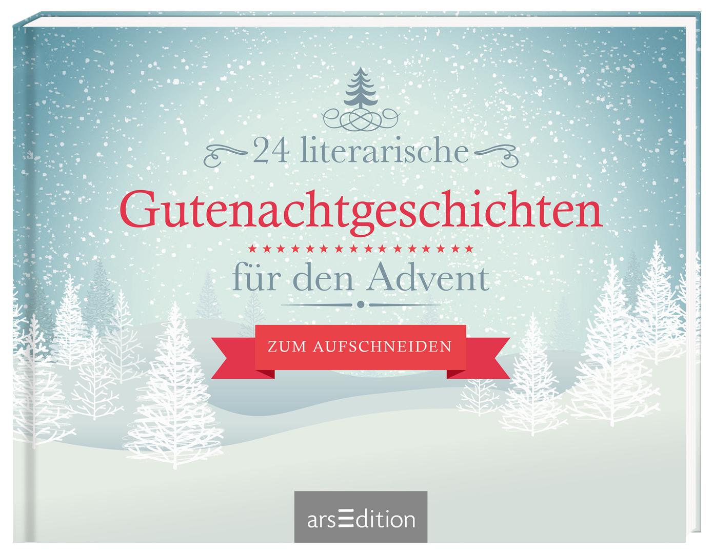 Das Buchcover zeigt eine winterliche Landschaft mit schneebedeckten Tannen im Vordergrund. Der Himmel ist in sanften Blautönen gehalten und wirkt friedlich. Der Titel „24 literarische Gutenachtgeschichten für den Advent“ ist in kräftigem Rot gedruckt. Darunter befindet sich die rote, bannerartige Aufschrift „zum Aufschneiden“. In der oberen Mitte des Covers ist ein grafisches Element in Form eines geschmückten Tannenbaums zu sehen. Ganz unten mittig steht der Logoschriftzug von...