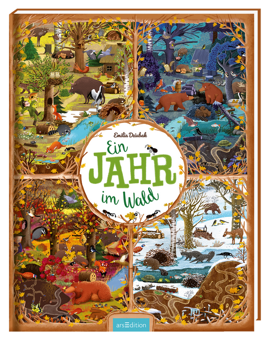 Das Buchcover zeigt eine farbenfrohe Illustration, die in vier Abschnitte unterteilt ist und verschiedene Jahreszeiten im Wald darstellt. Jede Szene zeigt Tiere in ihrem natürlichen Lebensraum, umgeben von üppiger Vegetation in leuchtenden Farben wie grün, blau und orange. Der Titel „Ein JAHR im Wald“ ist prominent in der Mitte platziert, umrahmt von einem weißen Kreis. Oben links sind die Worte „Emilia Dziubak“ als Urheberin zu sehen. Ganz oben mittig steht der...