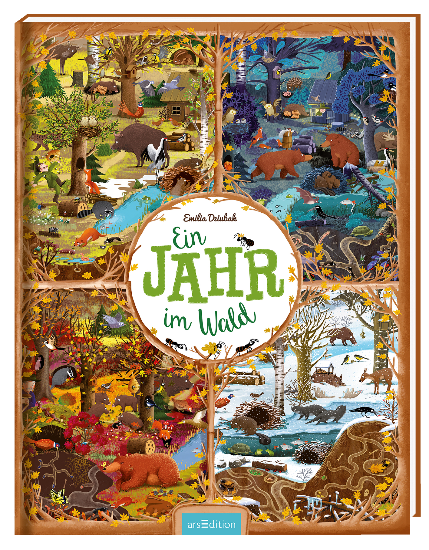Das Buchcover zeigt eine farbenfrohe Illustration, die in vier Abschnitte unterteilt ist und verschiedene Jahreszeiten im Wald darstellt. Jede Szene zeigt Tiere in ihrem natürlichen Lebensraum, umgeben von üppiger Vegetation in leuchtenden Farben wie grün, blau und orange. Der Titel „Ein JAHR im Wald“ ist prominent in der Mitte platziert, umrahmt von einem weißen Kreis. Oben links sind die Worte „Emilia Dziubak“ als Urheberin zu sehen. Ganz oben mittig steht der...