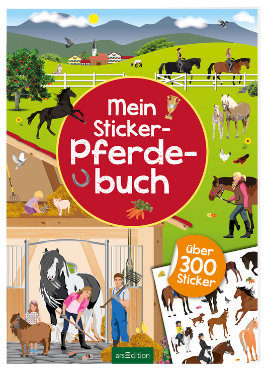Auf einem bunten Buchcover ist ein lebendiges Pferdethema abgebildet. Im Mittelpunkt steht der Titel „Mein Sticker-Pferdebuch“ in auffälliger, weißer Typografie auf rotem Hintergrund. Umgeben von einer ländlichen Szenerie mit Pferden, Reitern, Tieren und Pflanzen vermittelt das Cover eine fröhliche und abenteuerliche Atmosphäre. Oben links ist ein kleiner, goldener Pokal zu sehen. Unten rechts befindet sich ein Button mit dem Text „über 300 Sticker“. Ganz unten mittig steht der...