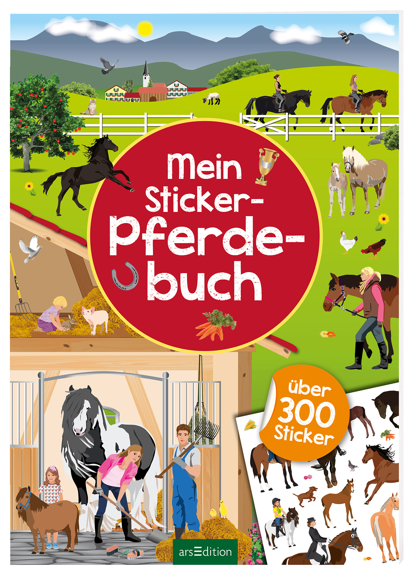 Auf einem bunten Buchcover ist ein lebendiges Pferdethema abgebildet. Im Mittelpunkt steht der Titel „Mein Sticker-Pferdebuch“ in auffälliger, weißer Typografie auf rotem Hintergrund. Umgeben von einer ländlichen Szenerie mit Pferden, Reitern, Tieren und Pflanzen vermittelt das Cover eine fröhliche und abenteuerliche Atmosphäre. Oben links ist ein kleiner, goldener Pokal zu sehen. Unten rechts befindet sich ein Button mit dem Text „über 300 Sticker“. Ganz unten mittig steht der...