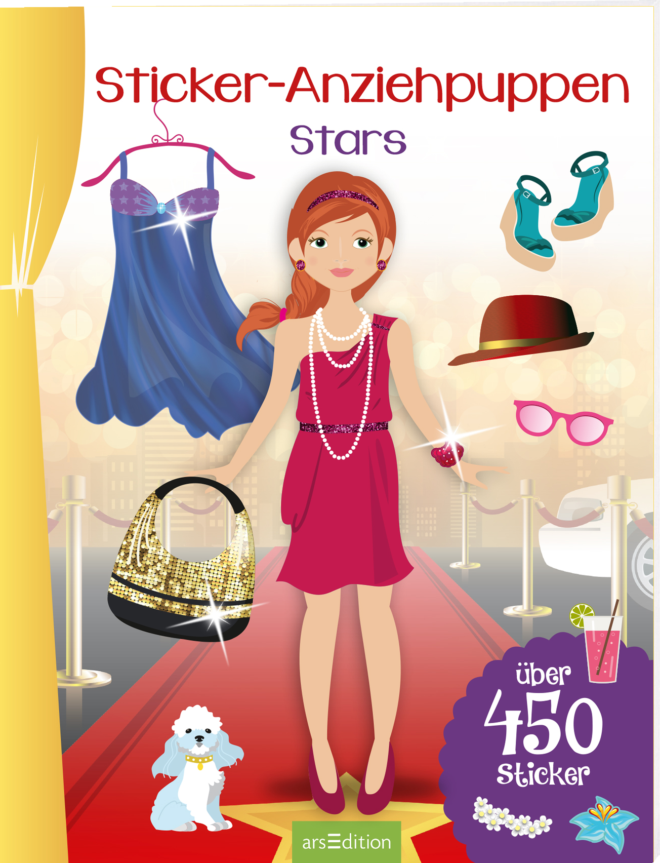 Das 3D-Buchcover zeigt eine stilisierte Puppe in einem pinken Kleid mit Accessoires. Um sie herum sind verschiedene Kleidungsstücke und Zubehör abgebildet, darunter ein blauer Abendkleid und diverse Schuhe. Die Farbgestaltung ist lebhaft mit bunten Akzenten und einem glamourösen roten Teppich im Hintergrund. Oben links steht „Sticker-Anziehpuppen“ in verspielter Schrift, während „Stars“ elegant darunter geschrieben ist. In der unteren Ecke befindet sich der Hinweis „über 450...