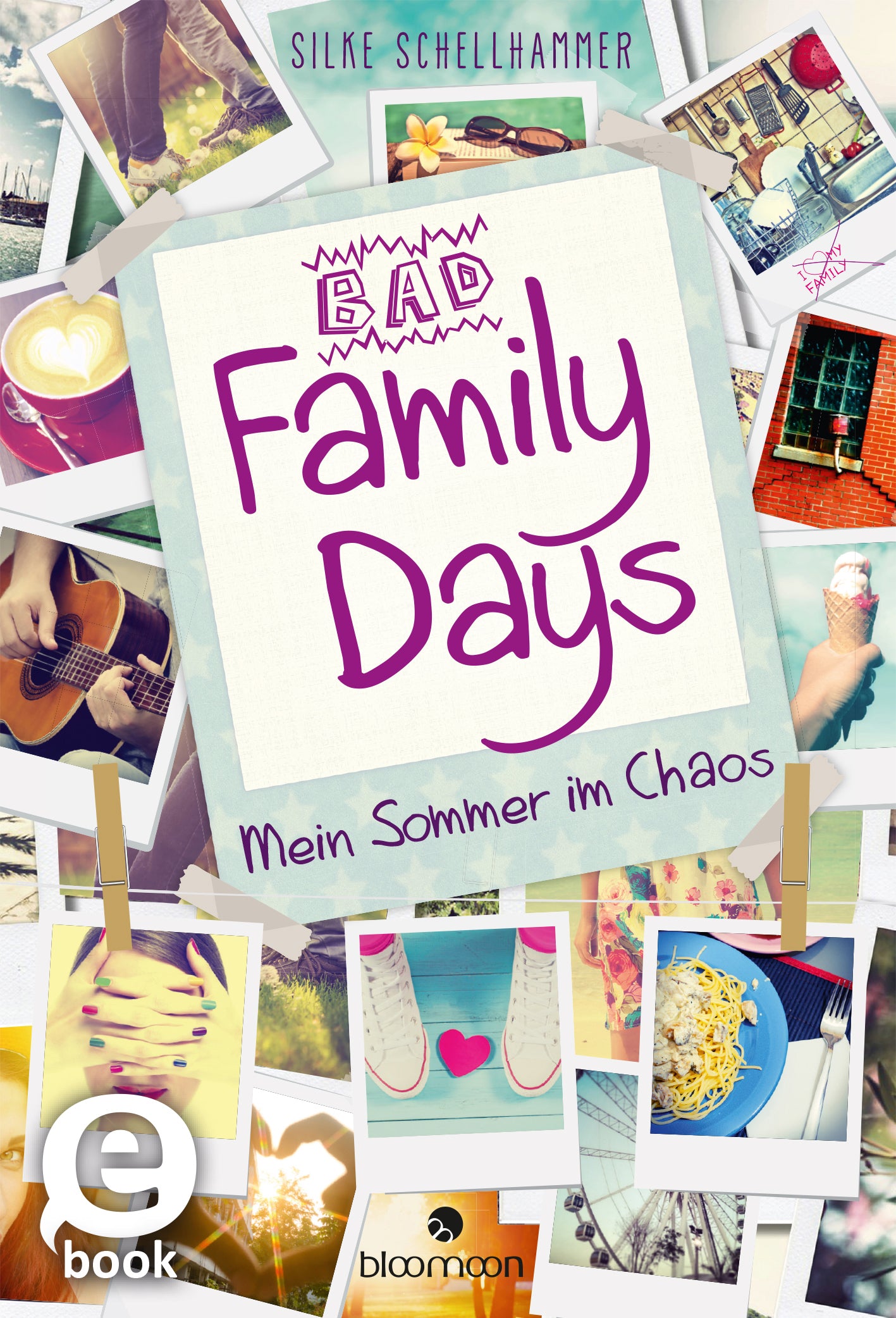 Das Buchcover zeigt eine kreative Collage aus verschiedenen Fotos, die familiäre Erlebnisse und Chaos darstellen. Im Zentrum steht der Titel „BAD Family Days“ in großen, pinken, verschnörkelten Buchstaben. Darunter befindet sich in kleinerer, blauer Schrift der Untertitel „Mein Sommer im Chaos“. Der Hintergrund ist hell und lebendig, mit unterschiedlichen Farben, die eine fröhliche, chaotische Atmosphäre vermitteln. Oben links ist der Autorenname „Silke Schellhammer“ platziert....