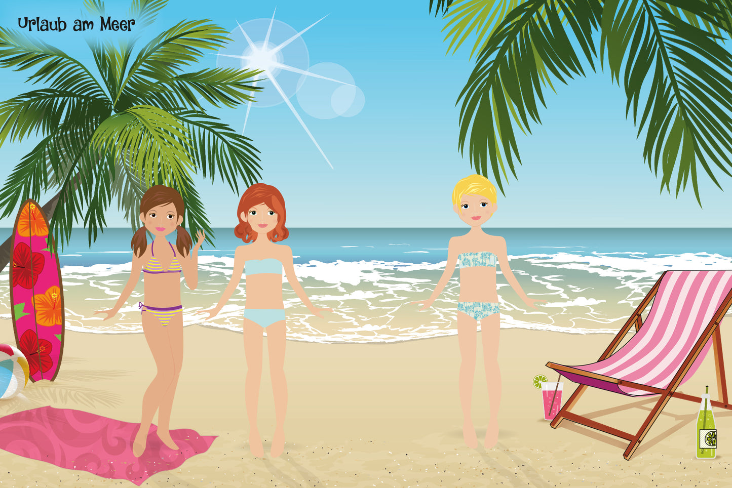 Gezeigt wird eine Innen- oder Zusatzansicht von „Sticker-Anziehpuppen – Beste Freundinnen“. Die Illustration zeigt drei Mädchen in Bikinis am Strand. Sie stehen vor einer malerischen Meereshorizont mit sanften Wellen. Die Farben sind lebhaft, mit grünen Palmen und einem strahlend blauen Himmel. Im Vordergrund liegen ein pinkes Handtuch sowie ein buntes Surfbrett, während im Hintergrund eine Strandliege und ein Getränk auf einem Tisch sichtbar sind. Die Schrift „Urlaub am Meer“ ist...