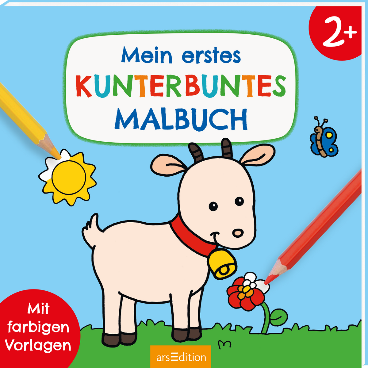 Zu sehen ist die 3D-Ansicht des Titels. Auf einem hellblauen Hintergrund ist eine niedliche, cartoonartige Ziege abgebildet. Sie trägt eine rote Glocke um den Hals und schaut freundlich. Über ihr befinden sich eine Sonne und Schmetterlinge, die eine fröhliche Atmosphäre schaffen. Der Titel „Mein erstes KUNTERBUNTES MALBUCH“ ist farbenfroh und in einem spielerischen Schriftstil gestaltet. In der unteren linken Ecke befindet sich ein roter Button mit dem Text „Mit farbigen Vorlagen“....