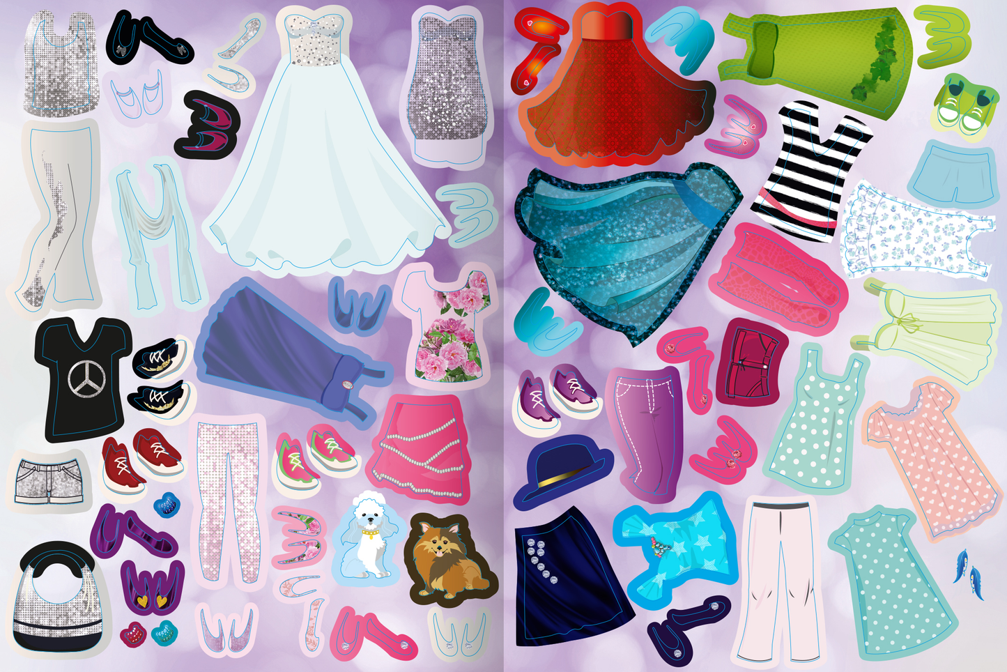 Gezeigt wird eine Innen- oder Zusatzansicht von „Sticker-Anziehpuppen – Party-Girls“. Die Darstellung umfasst verschiedene Kleidungsteile, darunter festliche und lässige Outfits in lebendigen Farben wie Blau, Rosa, Rot und Grün. Zu den zentralen Elementen gehören Kleider, Hosen, Schuhe und Accessoires, die spielerisch angeordnet sind.