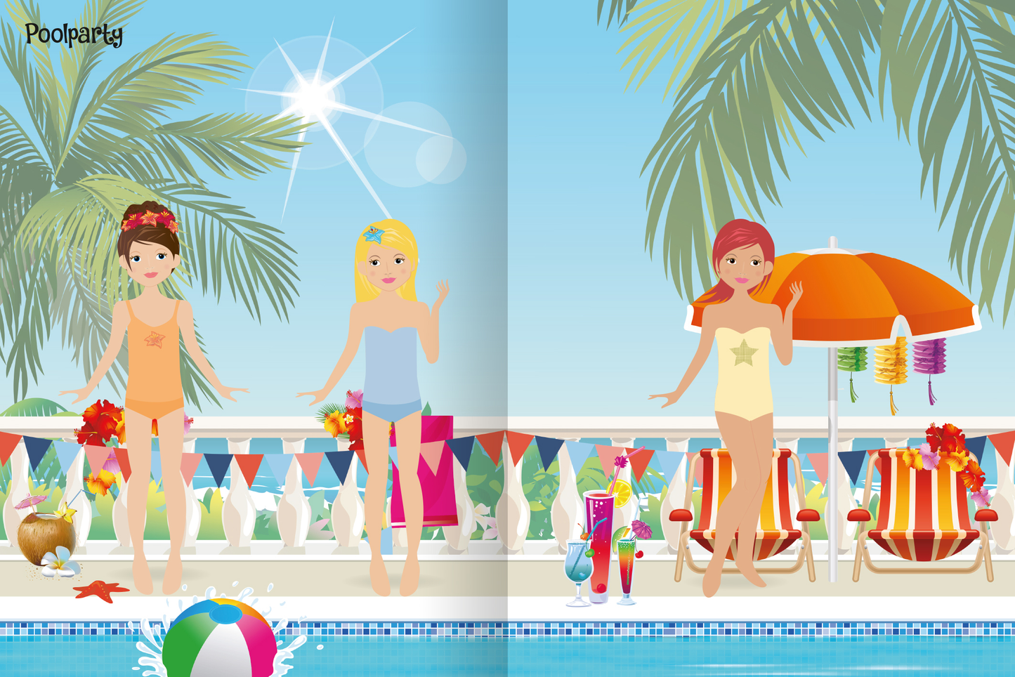Gezeigt wird eine Innen- oder Zusatzansicht von „Sticker-Anziehpuppen – Party-Girls“. Die Illustration zeigt drei fröhliche Mädchen am Pool, die farbenfrohe Badeanzüge tragen. Die Farben sind hell und einladend, mit pastellgelben, orangefarbenen und roten Tönen. Im Hintergrund sind große Palmen und ein strahlend blauer Himmel zu sehen. Bunte Dekorationen, darunter Girlanden und gemütliche Liegen, verleihen der Szene ein festliches Ambiente. Der Titel „Poolparty“ ist oben links...