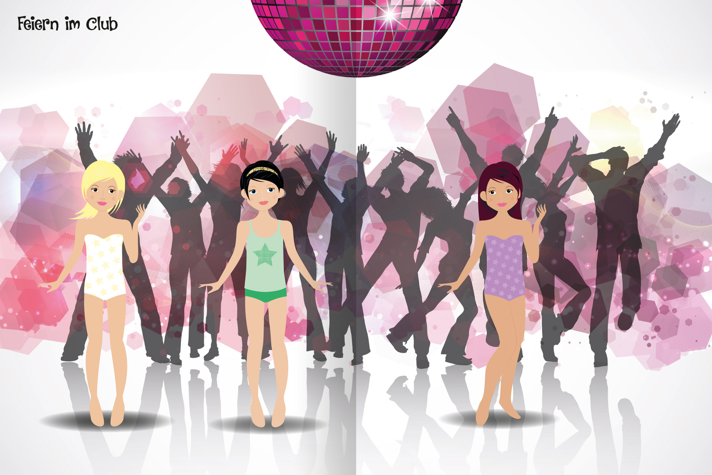 Gezeigt wird eine Innen- oder Zusatzansicht von „Sticker-Anziehpuppen – Party-Girls“. Die Illustration zeigt drei bunte Anziehpuppen in unterschiedlichen Bodys. Im Hintergrund ist eine stilisierte Clubatmosphäre mit tanzenden Silhouetten und einem glitzernden Discokugel-Motiv in lebhaften Rosa- und Lilatönen zu sehen.