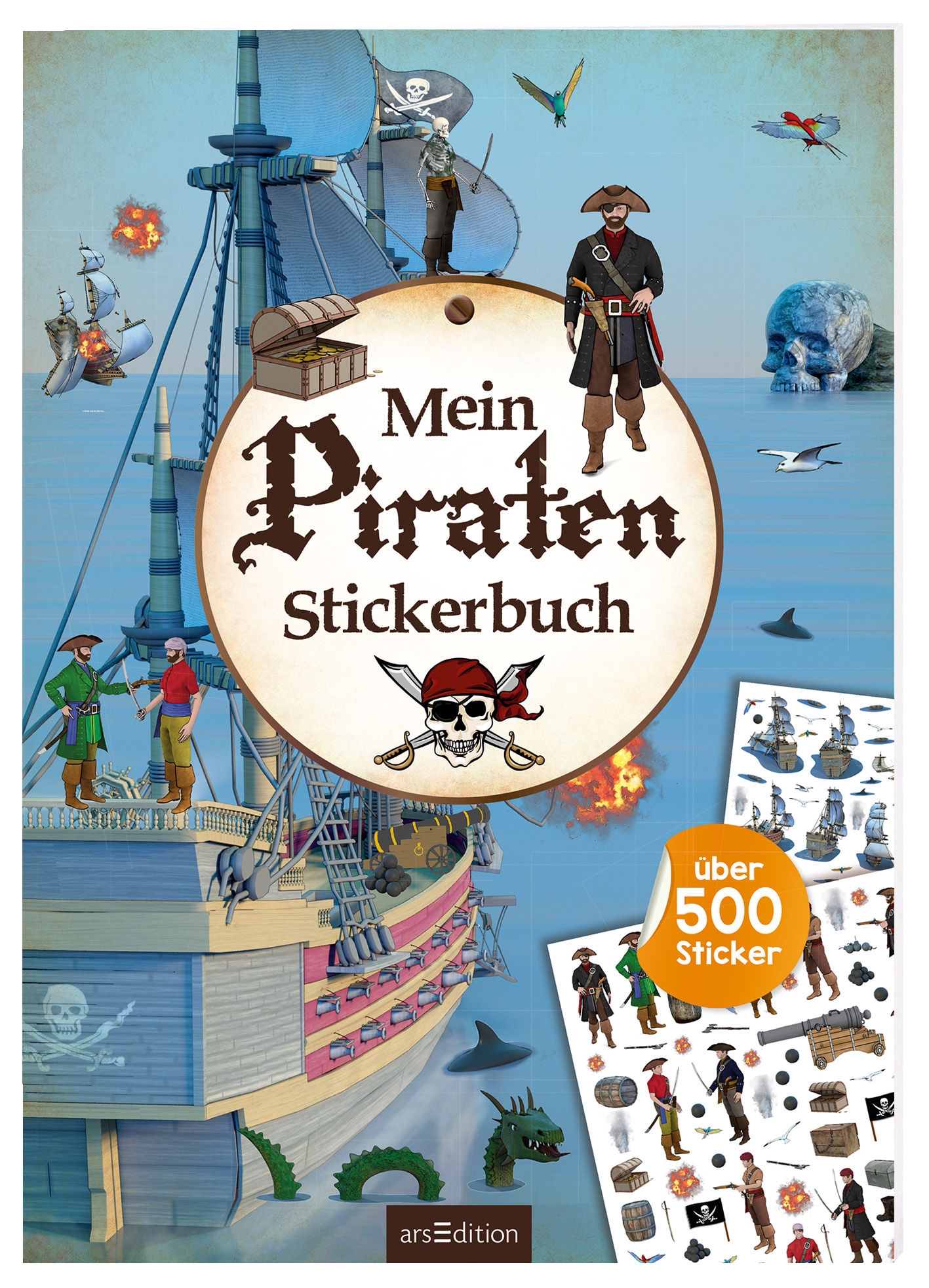 Das Buchcover zeigt eine farbenfrohe Piratenszene auf einem Schiff. Im Vordergrund stehen mehrere Piraten in unterschiedlichen Posen, darunter ein Kapitän in traditioneller Kleidung. Der Titel „Mein Piraten Stickerbuch“ ist in großen, ornamentalen Buchstaben platziert und von einem stilisierten Totenkopf umgeben. Rechts sind zwei Bögen mit verschiedenen Stickern abgebildet, während im Hintergrund See und Himmel in Blau- und Türkistönen leuchten. Oben rechts befindet sich ein...