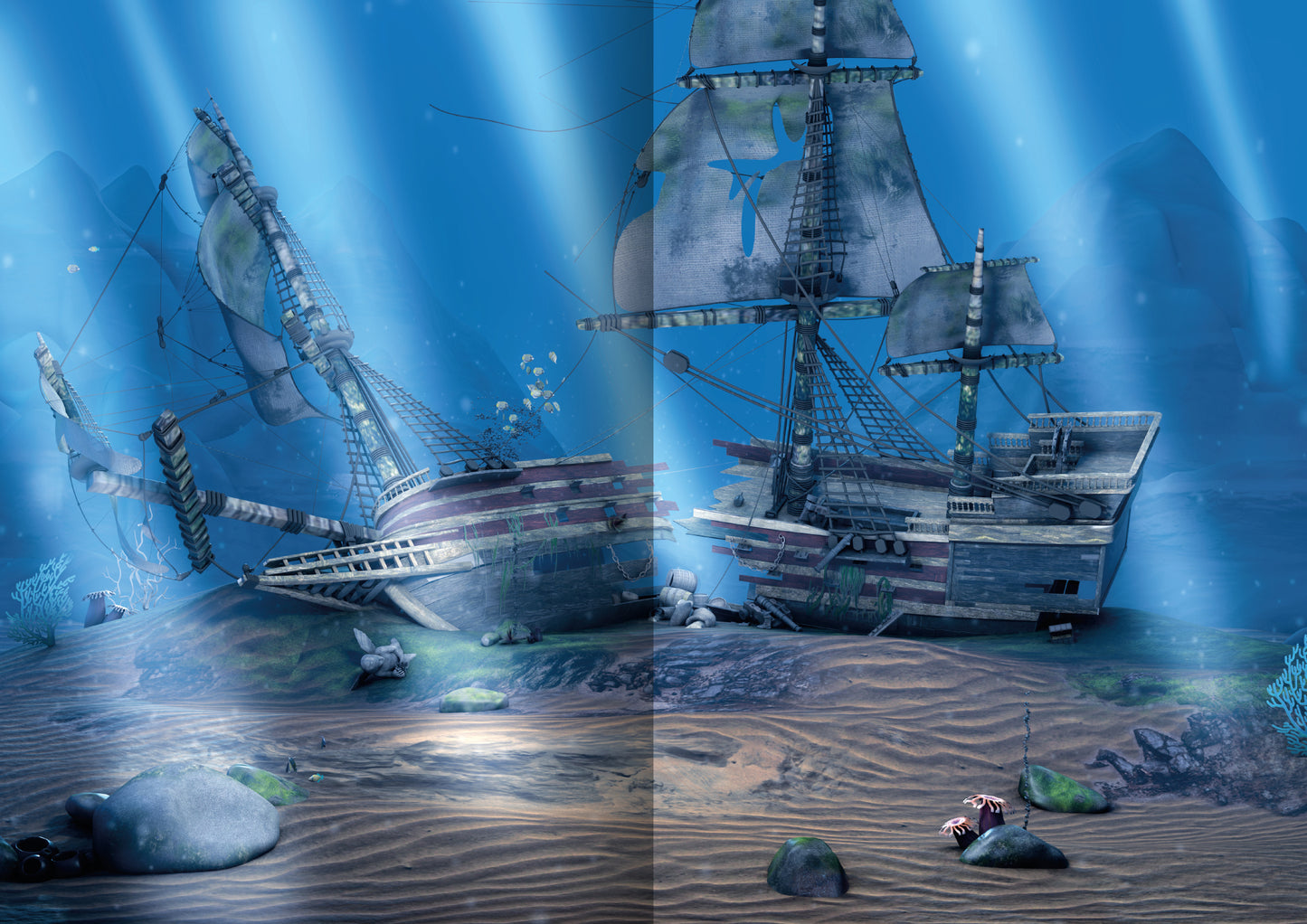 Gezeigt wird eine Innen- oder Zusatzansicht von „Mein Piraten-Stickerbuch“. Die Illustration zeigt ein gesunkenes Piratenschiff unter Wasser, umgeben von großen Felsen und bunten Korallen. Das Licht strömt in sanften Strahlen durch das Wasser und erzeugt eine geheimnisvolle Atmosphäre. Die Farbpalette besteht aus Blau- und Grüntönen, die die Unterwasserwelt lebendig wirken lassen. Die Typografie ist verschnörkelt und verspielt, passend zum piratigen Thema des Buches.