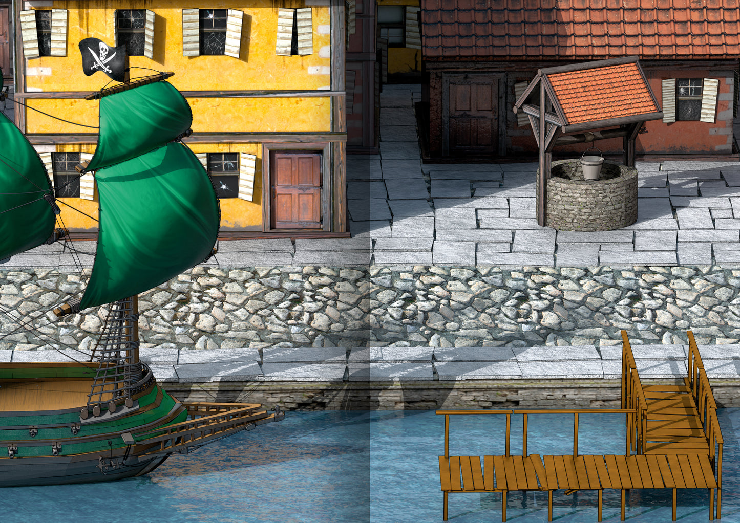 Gezeigt wird eine Innen- oder Zusatzansicht von „Mein Piraten-Stickerbuch“. Die Szene präsentiert einen Hafen mit einem detailreichen Piratenschiff, das grüne Segel hat. Im Hintergrund sind gelbe Häuser mit schwarzen Fensterläden zu sehen. Auf der rechten Seite steht ein Brunnen mit einem roten, schindelgedeckten Dach. Ein Holzsteg führt ins Wasser, das in sanften Blautönen schimmert. Die fröhlichen Farben und die lebhafte Gestaltung laden zum kreativen Spielen ein.