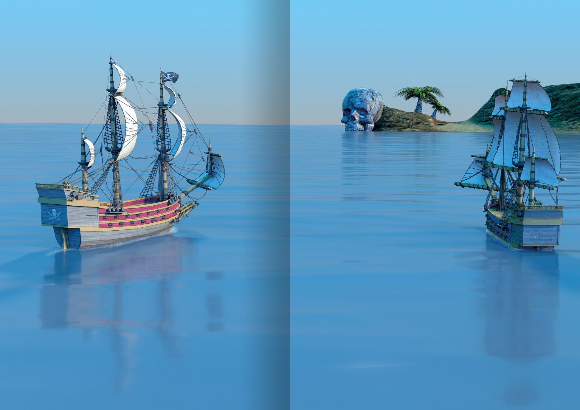 Gezeigt wird eine Innen- oder Zusatzansicht von „Mein Piraten-Stickerbuch“. Die Illustration zeigt zwei stilisierte Piratenschiffe, die auf ruhigem, blauem Wasser schwimmen. Im Hintergrund sind eine kleine Insel mit Palmen und ein Felsen mit einem Totenschädel sichtbar. Die Farbpalette ist überwiegend in sanften Blautönen gehalten, ergänzt durch die hellen Segel der Schiffe und die lebhaften Farben der Insel. Die Typografie ist abenteuerlich und ansprechend gestaltet, um die junge...