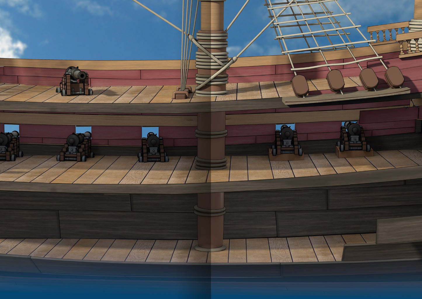 Gezeigt wird eine Innenansicht von „Mein Piraten-Stickerbuch“. Die Illustration präsentiert das Innere eines Schiffes mit Holzplanken in verschiedenen Brauntönen. Mehrere Kanonen sind entlang der Wände angeordnet, während das obere Deck in warmen Farben gestaltet ist. Eine große Segelstruktur ist im oberen Bereich sichtbar. Die Verwendung von kräftigen Farben und klaren Konturen trägt zu einem maritimen, abenteuerlichen Ambiente bei. Die typografischen Elemente sind verspielt und...