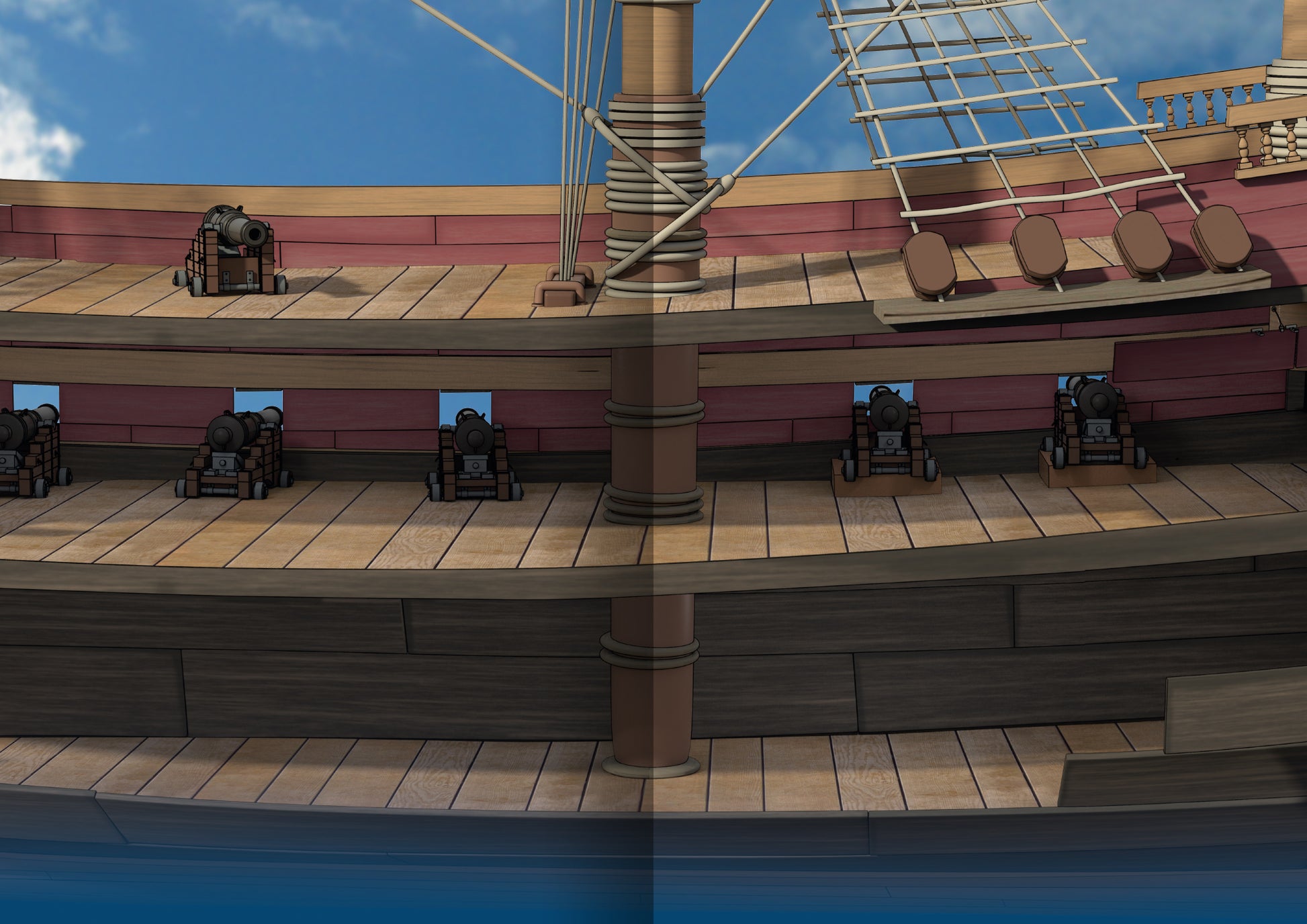 Gezeigt wird eine Innenansicht von „Mein Piraten-Stickerbuch“. Die Illustration präsentiert das Innere eines Schiffes mit Holzplanken in verschiedenen Brauntönen. Mehrere Kanonen sind entlang der Wände angeordnet, während das obere Deck in warmen Farben gestaltet ist. Eine große Segelstruktur ist im oberen Bereich sichtbar. Die Verwendung von kräftigen Farben und klaren Konturen trägt zu einem maritimen, abenteuerlichen Ambiente bei. Die typografischen Elemente sind verspielt und...