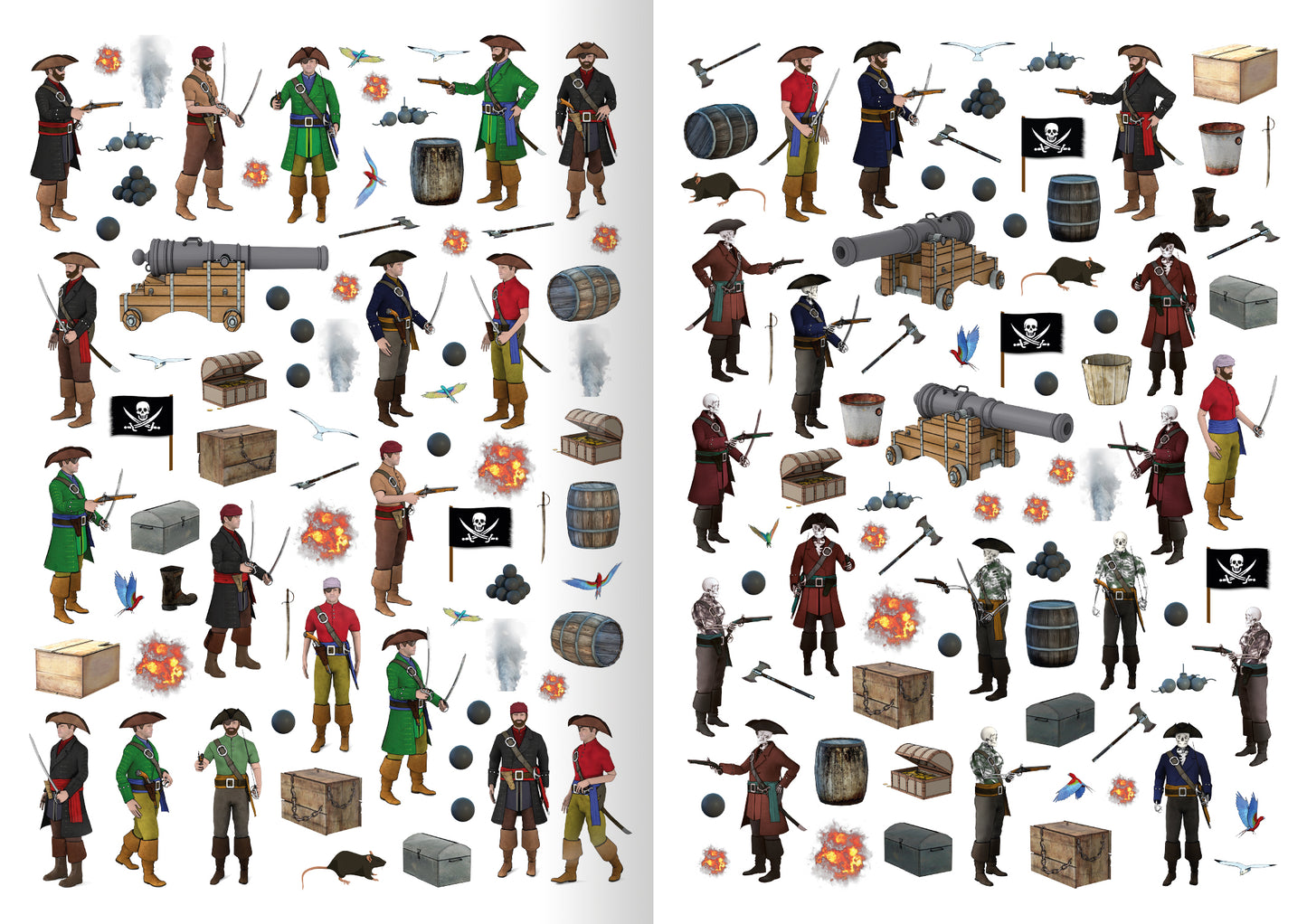 Gezeigt wird eine Innen- oder Zusatzansicht von „Mein Piraten-Stickerbuch“. Die Seite enthält zahlreiche bunte Piratenfiguren in verschiedenen Ausführungen, darunter grüne, rote und schwarze Kostüme. Ergänzt werden sie durch typische Piratensymbole wie Kanonen, Schätze, Fahnen und Tiere. Die Typografie ist kindgerecht und ansprechend gestaltet. Der Hintergrund ist hell, was die Elemente lebhaft hervorhebt und ein abenteuerliches Piratenthema vermittelt.