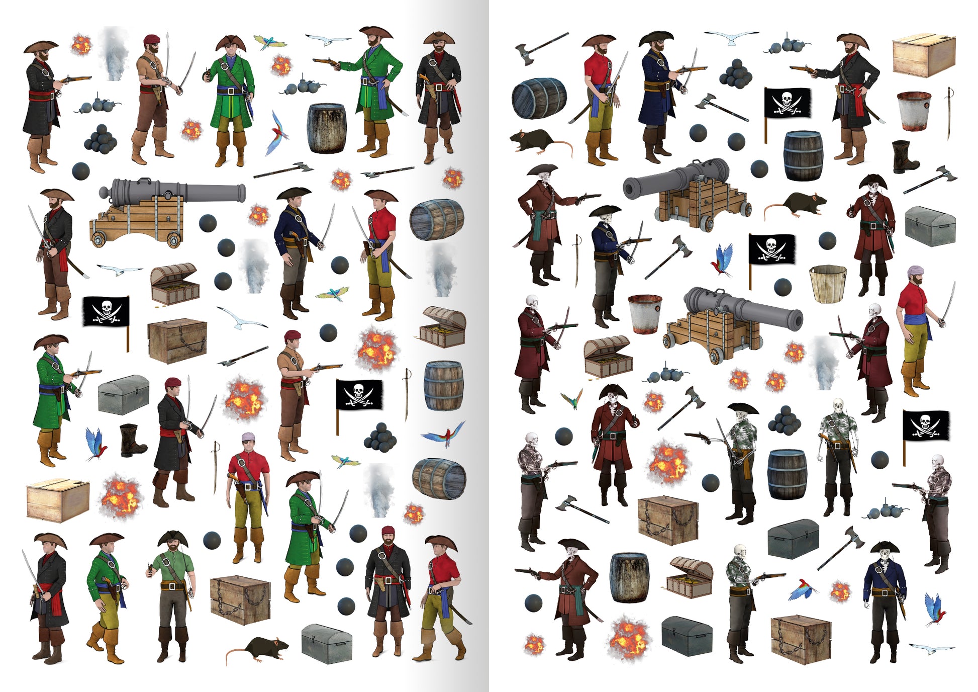 Gezeigt wird eine Innen- oder Zusatzansicht von „Mein Piraten-Stickerbuch“. Die Seite enthält zahlreiche bunte Piratenfiguren in verschiedenen Ausführungen, darunter grüne, rote und schwarze Kostüme. Ergänzt werden sie durch typische Piratensymbole wie Kanonen, Schätze, Fahnen und Tiere. Die Typografie ist kindgerecht und ansprechend gestaltet. Der Hintergrund ist hell, was die Elemente lebhaft hervorhebt und ein abenteuerliches Piratenthema vermittelt.