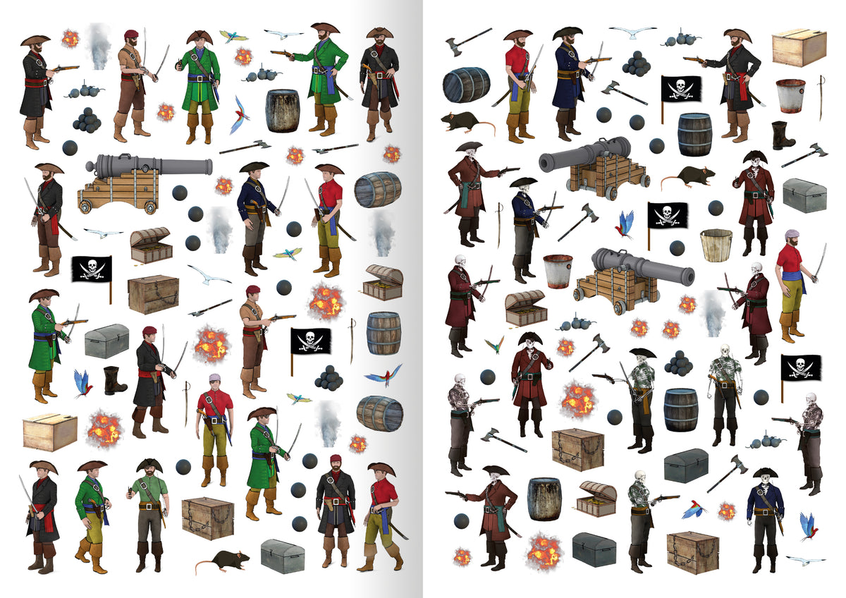 Gezeigt wird eine Innen- oder Zusatzansicht von „Mein Piraten-Stickerbuch“. Die Seite enthält zahlreiche bunte Piratenfiguren in verschiedenen Ausführungen, darunter grüne, rote und schwarze Kostüme. Ergänzt werden sie durch typische Piratensymbole wie Kanonen, Schätze, Fahnen und Tiere. Die Typografie ist kindgerecht und ansprechend gestaltet. Der Hintergrund ist hell, was die Elemente lebhaft hervorhebt und ein abenteuerliches Piratenthema vermittelt.