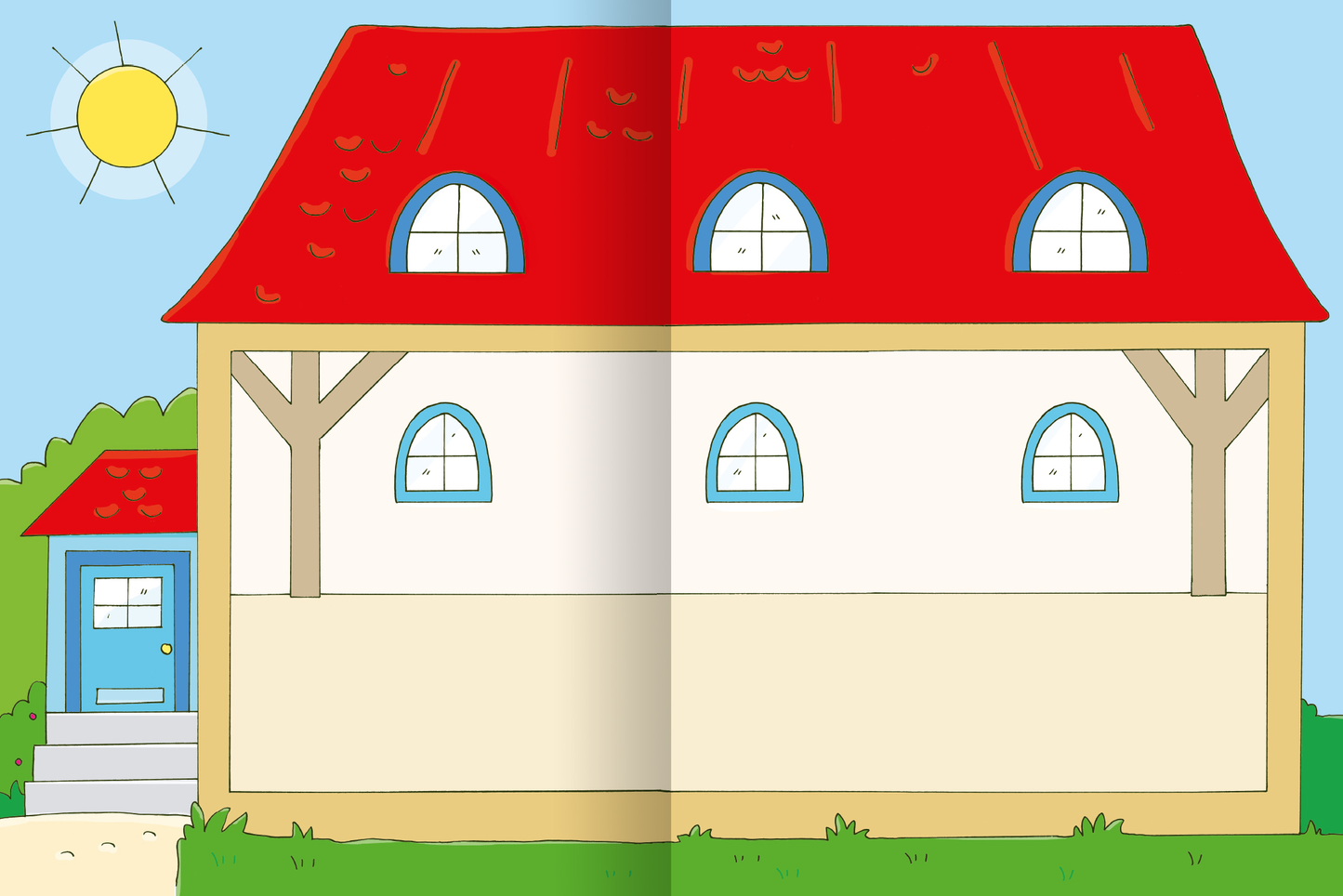 Gezeigt wird eine Innen- oder Zusatzansicht von „Erstes Stickern – Bauernhof“. Die Abbildung zeigt ein großes, helles Bauernhaus mit einem auffälligen, roten Dach. Die Wände sind in einem sanften Beige gehalten. Große, runde Fenster in einem hellblauen Rahmen sind gleichmäßig angeordnet. Vor dem Gebäude befindet sich ein schmaler Weg, der zu einer blauen Haustür führt. Im Hintergrund sind grüne Wiesen und ein strahlend blauer Himmel mit einer Sonne erkennbar.