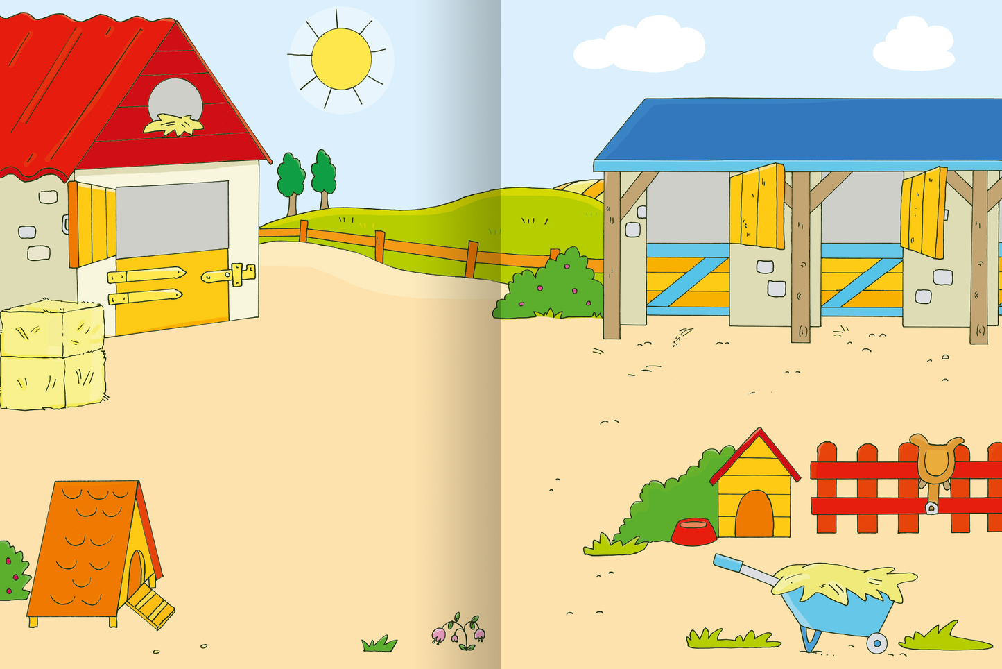 Gezeigt wird eine Innen- oder Zusatzansicht von „Erstes Stickern – Bauernhof“. Die Illustration zeigt einen bunten Bauernhof unter blauem Himmel. Auf der linken Seite steht ein Stall mit rotem Dach und einer großen Holztür, umgeben von Heuballen. Rechts befindet sich ein offener Schuppen mit blauen Fensterläden. Bunte, einfache Formen und helle Farben dominieren die Szene, ergänzt durch eine sonnige Landschaft und einige tierische Elemente, wie einen Hundezwinger und eine Karre.