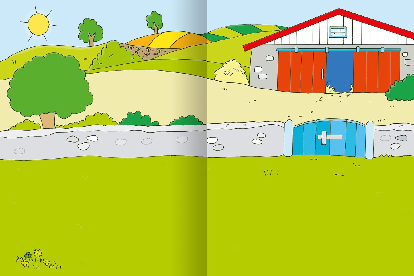 Gezeigt wird eine Innen- oder Zusatzansicht von „Erstes Stickern – Bauernhof“. Die Illustration zeigt eine ländliche Szene mit sanften, grünen Hügeln im Hintergrund. Ein rotes Scheunengebäude mit blauen Türen und einem weißen Dach steht im Mittelpunkt. Umgeben wird es von grünen Bäumen und einem weißen Zaun, der einen grünen Wiesenbereich abgrenzt. Der Himmel ist klar mit einer strahlenden Sonne. Die Farben sind hell und freundlich, die Typografie ist kindgerecht und gut lesbar.