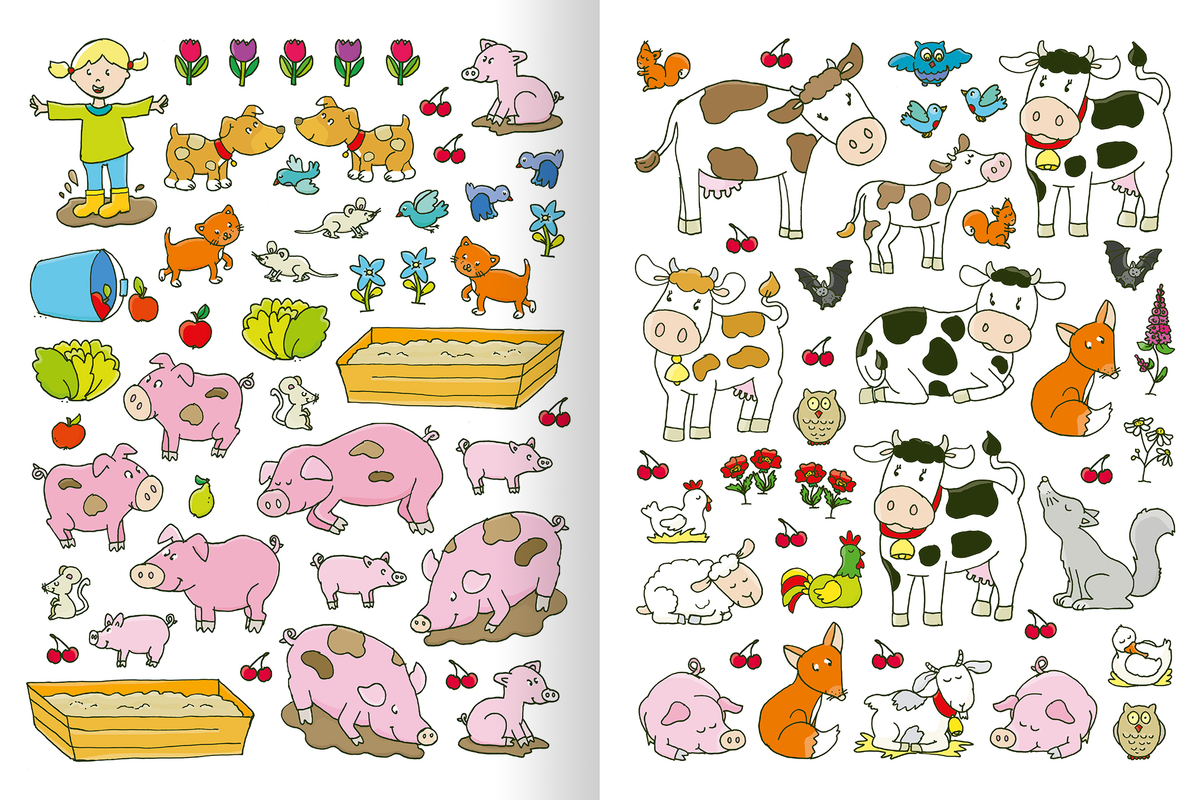 Gezeigt wird eine Innen- oder Zusatzansicht von „Erstes Stickern – Bauernhof“. Die Illustration zeigt eine bunte Sammlung von Tieren und Objekten auf einem Bauernhof. Auf der linken Seite sind Schweine, Küken, und Gemüse wie Karotten und Salat abgebildet, die in sanften Rosa- und Grüntönen gehalten sind. Die rechte Seite präsentiert Kühe, Vögel, und andere Tiere in lebhaften Farben. Die Schrift ist kindgerecht und spielerisch gestaltet. Das Gesamtbild vermittelt eine fröhliche und...