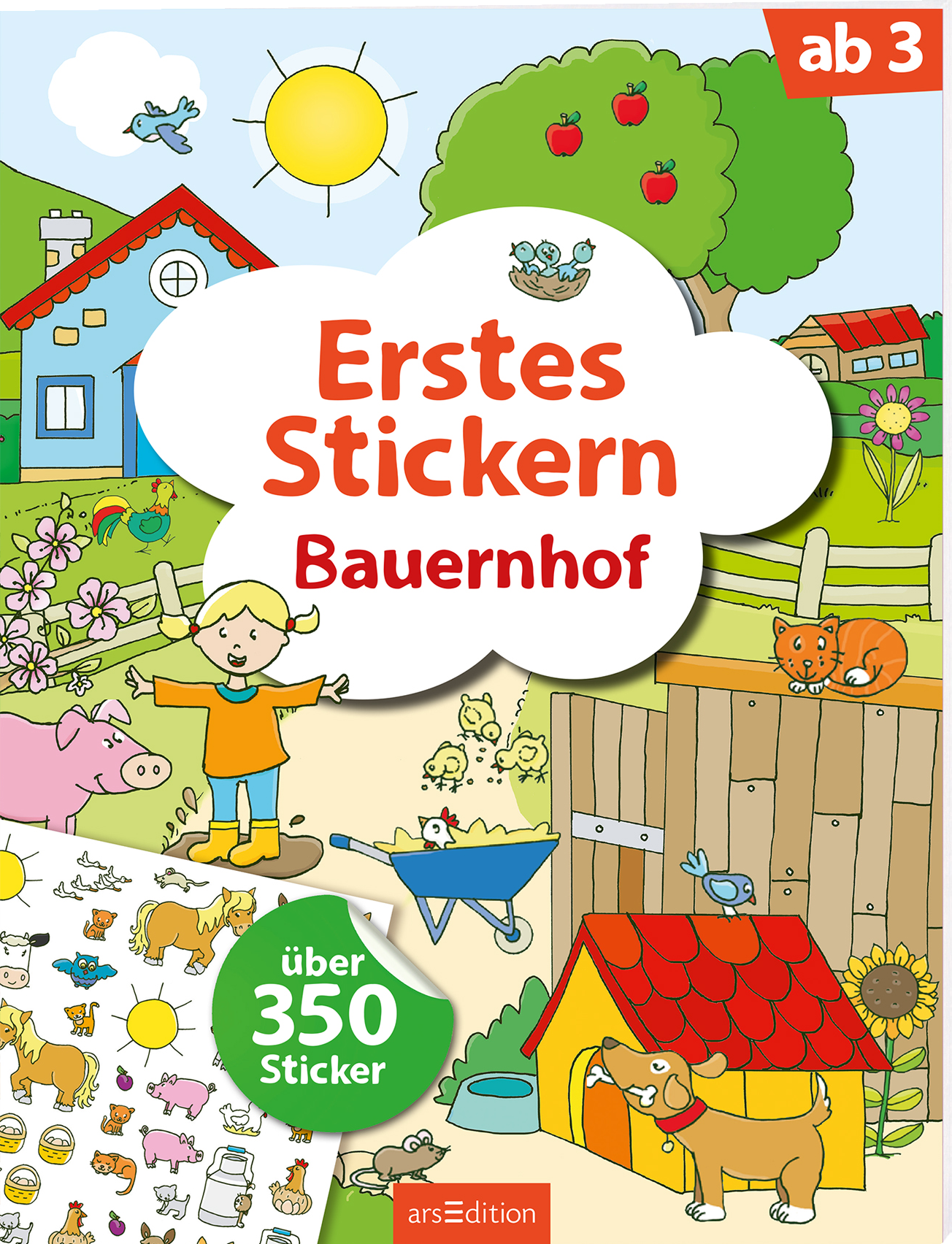 Bunte und fröhliche Illustrationen prägen das Cover dieses Kinderbuchs. Im Vordergrund steht ein Junge in orangefarbener Kleidung, umgeben von Tiermotiven wie Katzen, Hunden und Schweinen. Im Hintergrund sind idyllische Bauernhof-Szenen mit Terminen und Obstbäumen zu sehen. Der Titel „Erstes Stickern Bauernhof“ prangt in einer großen, geschwungenen Schrift in weiß mit rotem Rand in einer Sprechblase. Darüber steht „ab 3“. Ein Button weist auf „über 350 Sticker“ hin. Ganz...