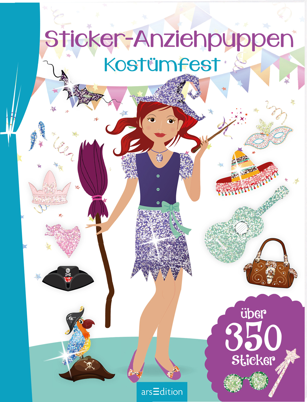 Das 3D-Buchcover zeigt eine fröhliche, zauberhafte Figur eines Mädchens mit rotbraunen Haaren, die einen lila glitzernden Zauberhut und ein glitzerndes Kostüm trägt. Sie hält einen Besen in der einen Hand. Um sie herum sind bunte, festliche Elemente wie Masken, Hüte und Accessoires zu sehen, die in leuchtenden Farben gestaltet sind. Oben auf dem Cover steht in verspielter Schrift „Sticker-Anziehpuppen Kostümfest“. Der Hinweis „über 350 Sticker“ ist prominent platziert. Ganz...