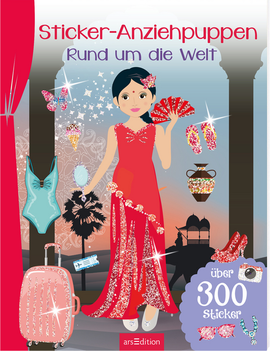 Das 3D-Buchcover zeigt ein farbenfrohes Design mit einer stilisierten asiatischen Figur in einem glitzernden roten Kleid, die einen Fächer und verschiedene Accessoires hält. Im Hintergrund sind kulturelle Elemente und ein orientalisches Bauwerk zu erkennen, dargestellt in sanften Pastelltönen. Der Titel „Sticker-Anziehpuppen Rund um die Welt“ steht in verspielter Typografie oben, während unten der Text „über 300 Sticker“ hervorsticht. Ganz unten mittig steht der Logoschriftzug von...