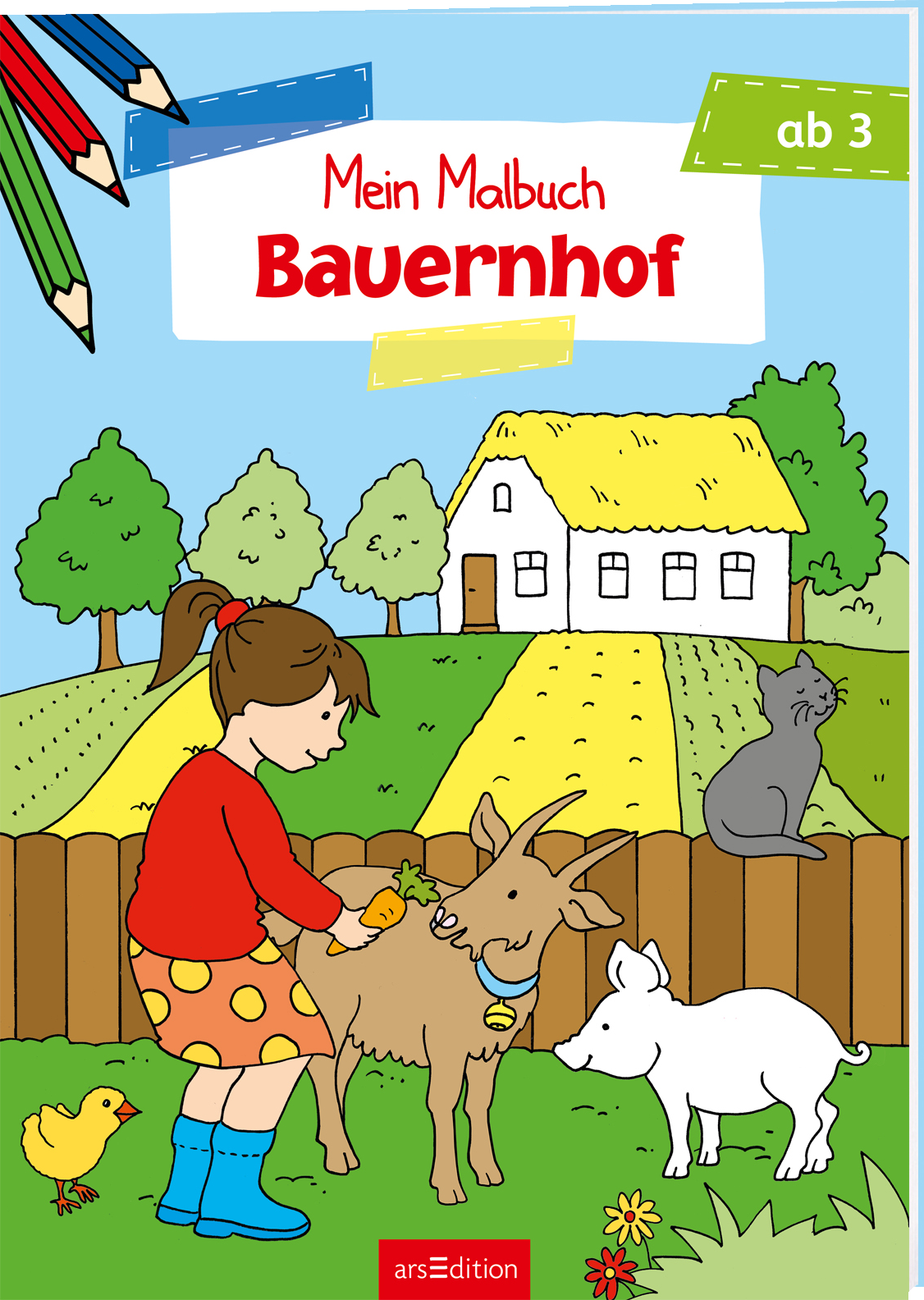 Das Buchcover zeigt ein farbenfrohes und kinderfreundliches Design. Im Vordergrund spielt ein Mädchen mit rotem Oberteil und gepunktetem Rock mit einer Ziege, während ein kleiner Hund daneben sitzt. Im Hintergrund sind ein Bauernhof mit einem weißen Haus und einem grünen Garten zu sehen. Über dem Bild steht in bunten Buchstaben „Mein Malbuch Bauernhof“, ergänzt durch den Hinweis „ab 3“. Ganz unten mittig steht der Logoschriftzug von arsEdition.