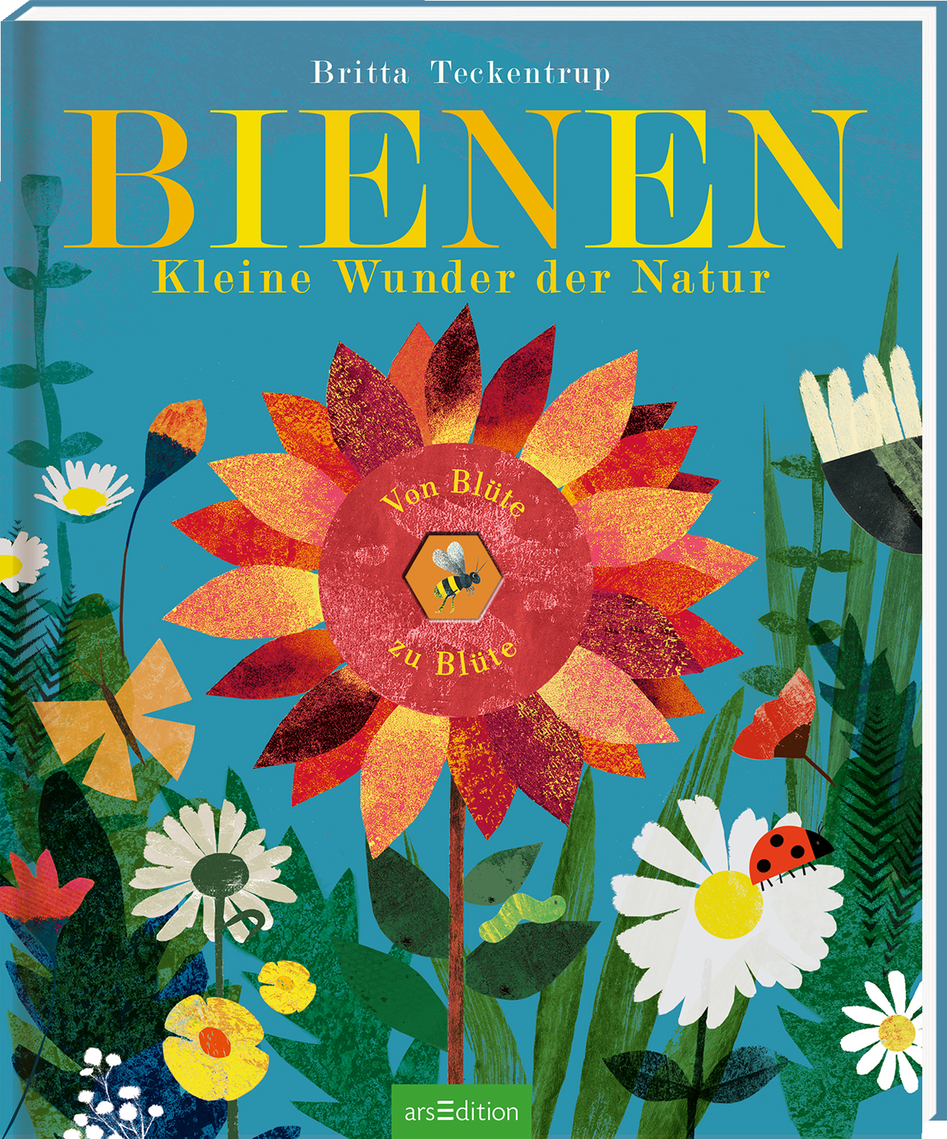Das Buchcover zeigt eine leuchtend blau-grüne Hintergrundfarbe, die mit bunten, stilisierten Blumenmotiven dekoriert ist. Im Vordergrund entfaltet eine große, rot-orangefarbene Blume ihre Blütenblätter, umgeben von weiteren farbenfrohen Pflanzen, darunter weiße und gelbe Blumen. Der Titel „BIENEN“ ist in großen, gelben Buchstaben oben platziert, während darunter der Untertitel „Kleine Wunder der Natur“ in einer schlichten Schrift steht. Ein gelbes Sechseck mit Bienenmotiven ist...
