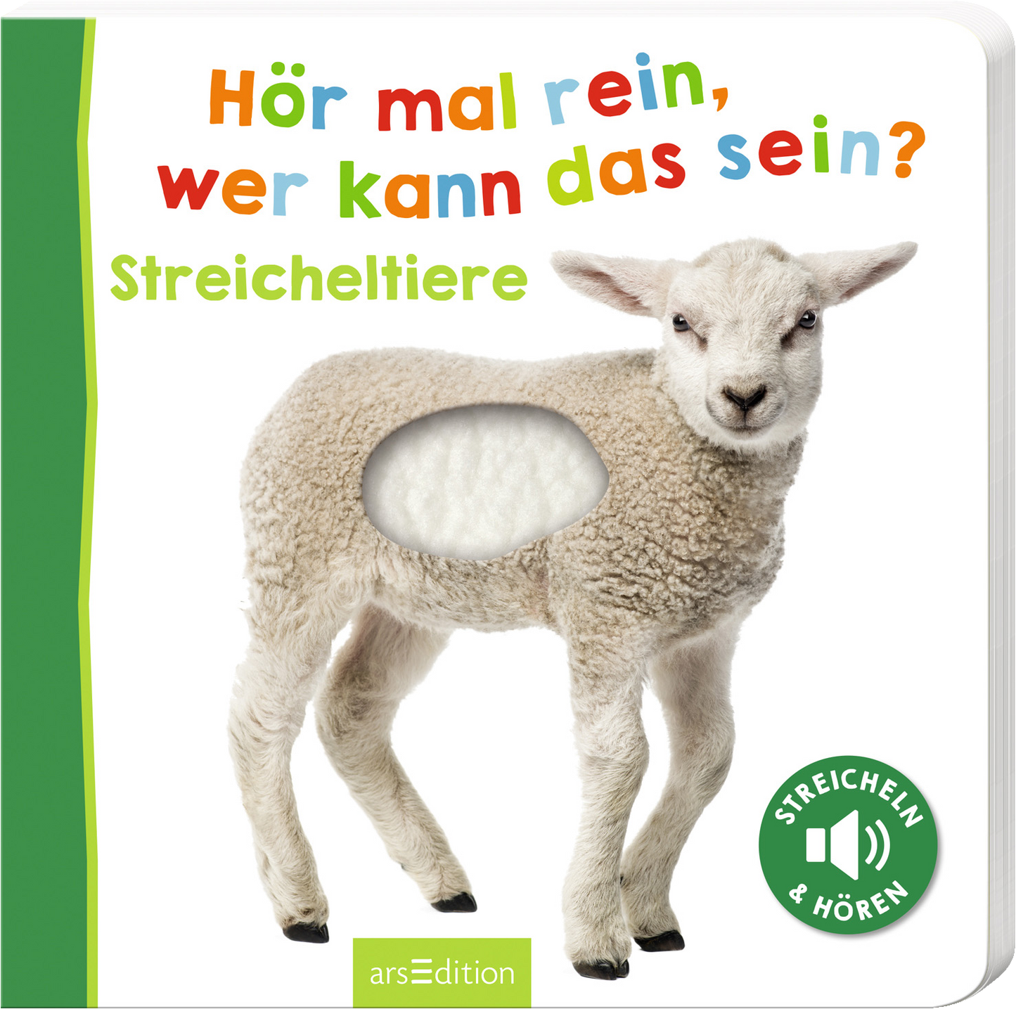 Auf dem Cover ist ein frohes, flauschiges Schaf abgebildet, das in der Mitte eine Aussparung hat. Darüber steht in bunten Buchstaben der Titel „Hör mal rein, wer kann das sein?“. Weiter unten ist der Untertitel „Streicheltiere“ in einer klaren Schrift zu sehen. Ein Hinweis zum Streicheln und Hören wird durch ein Lautsprecher-Icon ergänzt. Die farbenfrohe Gestaltung und das ausdrucksvolle Schaf vermitteln eine einladende, spielerische Atmosphäre. Ganz unten mittig steht der...