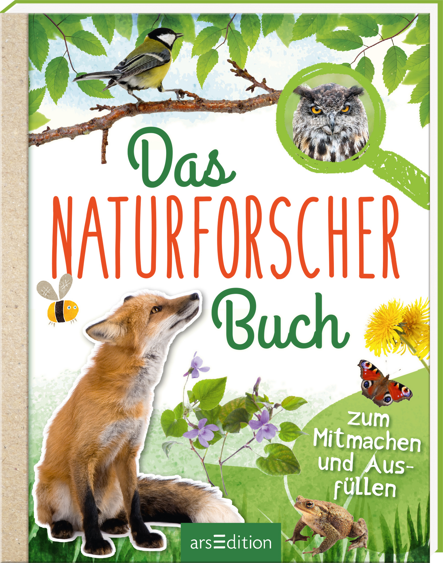 Das Cover des Buches zeigt den Titel „Das NATURFORSCHER Buch“ in bunten, verspielten Buchstaben. Unterhalb des Titels steht der Untertitel „zum Mitmachen und Ausfüllen“ in einer kleineren, neutraleren Schrift. Im Hintergrund sind grüne Blätter und verschiedene Tierillustrationen, darunter ein Fuchs, eine Biene, ein Käfer und ein Uhu, zu sehen. Die Atmosphäre ist lebhaft und einladend, ideal für junge Naturforscher. Ganz unten mittig steht der Logoschriftzug von arsEdition.