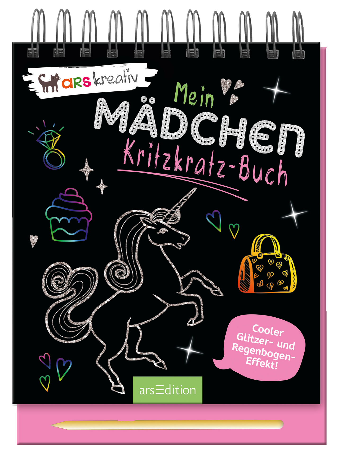 Zu sehen ist die 3D-Ansicht des Titels. Das Buchcover zeigt einen schwarzen Hintergrund, der von bunten, handgezeichneten Motiven umrahmt wird, darunter ein Einhorn, Herzen und glitzernde Elemente. Der Titel „Mein MÄDCHEN-Kritzkrat-Buch“ ist in verspielter, weißer Typografie gehalten und hebt sich deutlich ab. Rechts unten befindet sich ein Hinweis mit dem Text „Cooler Glitzer- und Regenbogen-Effekt!“ in einer runden, rosa Sprechblase. Ganz unten mittig steht der Logoschriftzug von...